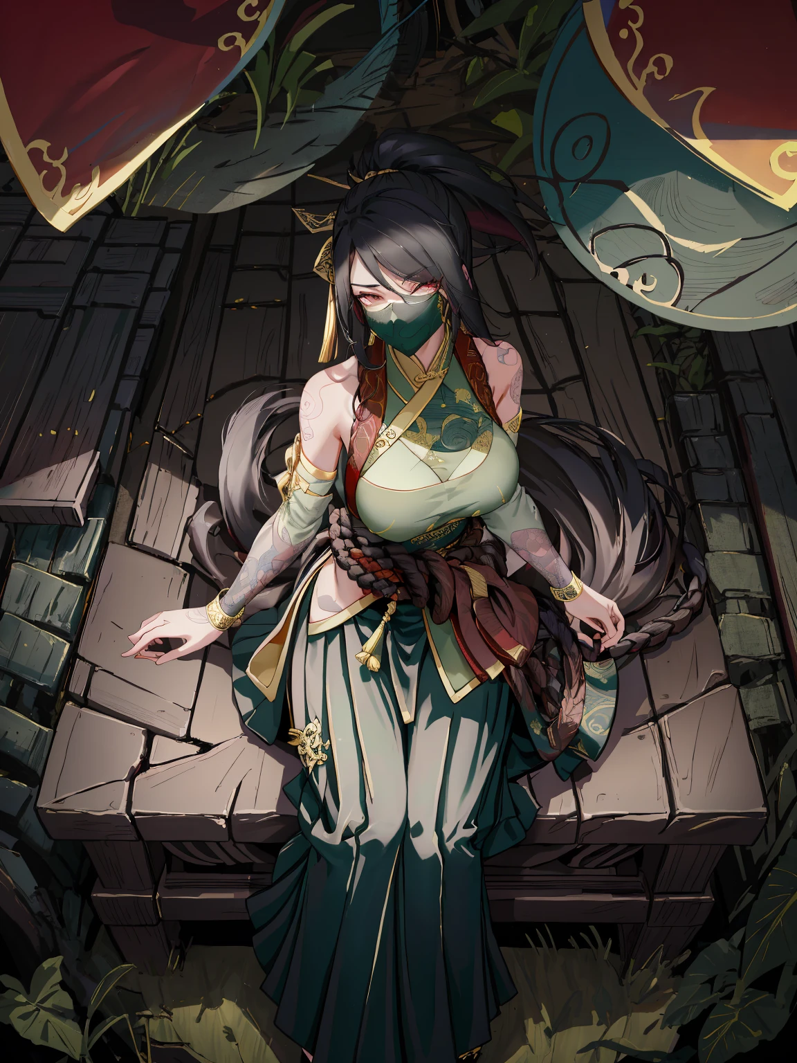 a paradise, venue, Donghua, Akali, looking at viewert, league of legend, climaxing, 1 plump girl, sit-ups, arm tattoos, 1 plump girl , tying hair , black color hair, (ancient Chinese costume,pleated long skirt,Gold chain,red color Hanfu,Gold rim embroidery), hair between eye, Trendy wind, With long bangs, Long gray hair, (Masked one:1.2), ninjartist, pony tails, waist bag, tattoo is,