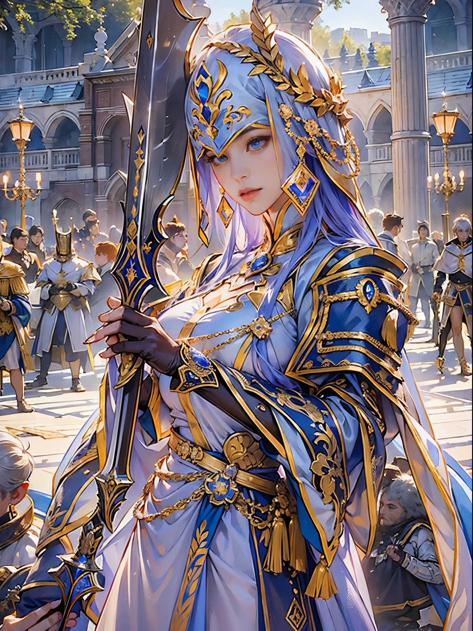 ((Emperor'knights、Beautuful Women))8K、An ultra-high picture quality、Ultra-realistic details、3d rendered、sharp gaze、Beautiful behavior、Toned body、large full breasts、Clothes with wide open chests、Shining sword、
