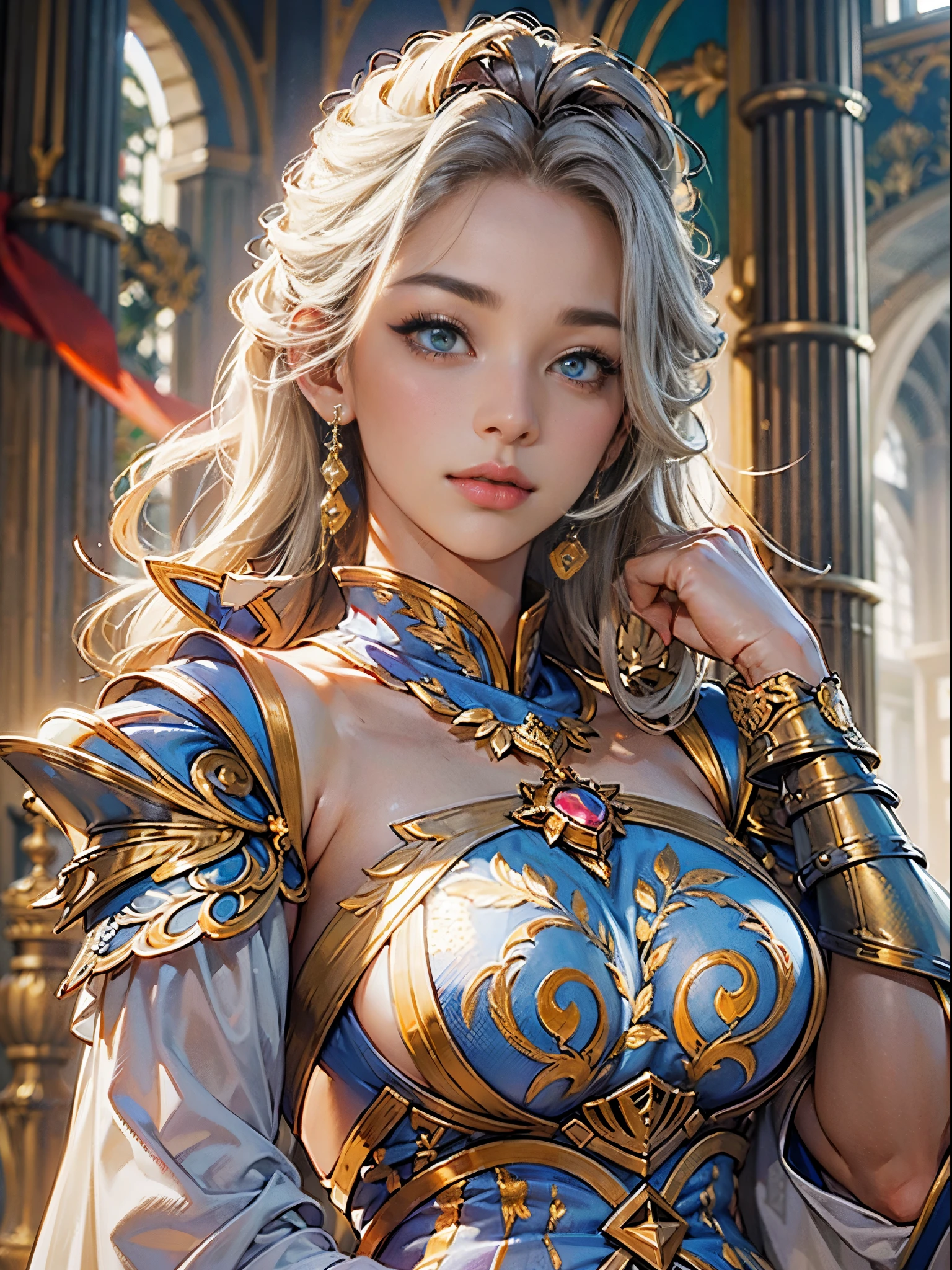 ((Emperor'knights、Beautuful Women))8K、An ultra-high picture quality、Ultra-realistic details、3d rendered、sharp gaze、Beautiful behavior、Toned body、large full breasts、Clothes with wide open chests、Shining sword、