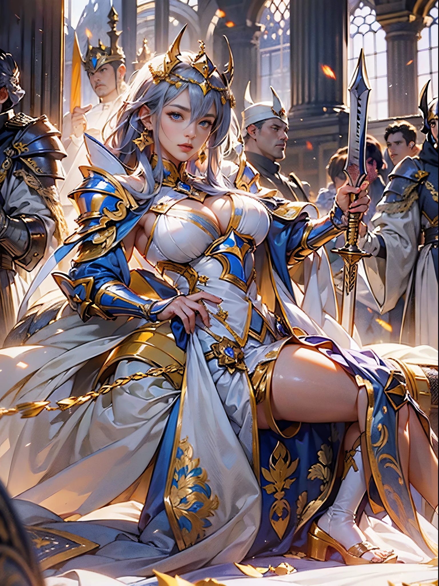 ((Emperor'Knights、beautiful woman wielding a sword))8K、An ultra-high picture quality、Ultra-realistic details、3d rendered、sharp gaze、Beautiful behavior、Toned body、large full breasts、Clothes with wide open chests、Shining sword、Detailed body、A detailed face、