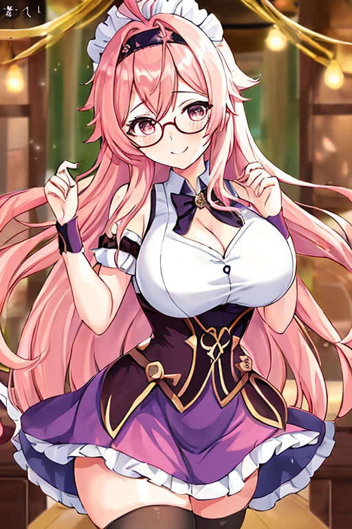 (masterpiece, best quality, ultra detailed, hyper realistic, photo),delicate pattern, detailed background, uncensored completely,
1yae miko, cowboy shot,  japanese girl, class room,
, loose collar, skirt, looking over eyewear,
hair between eyes,
put up index finger and one hand on hip,  angry with puffed cheeks,
from above, leaning forward,