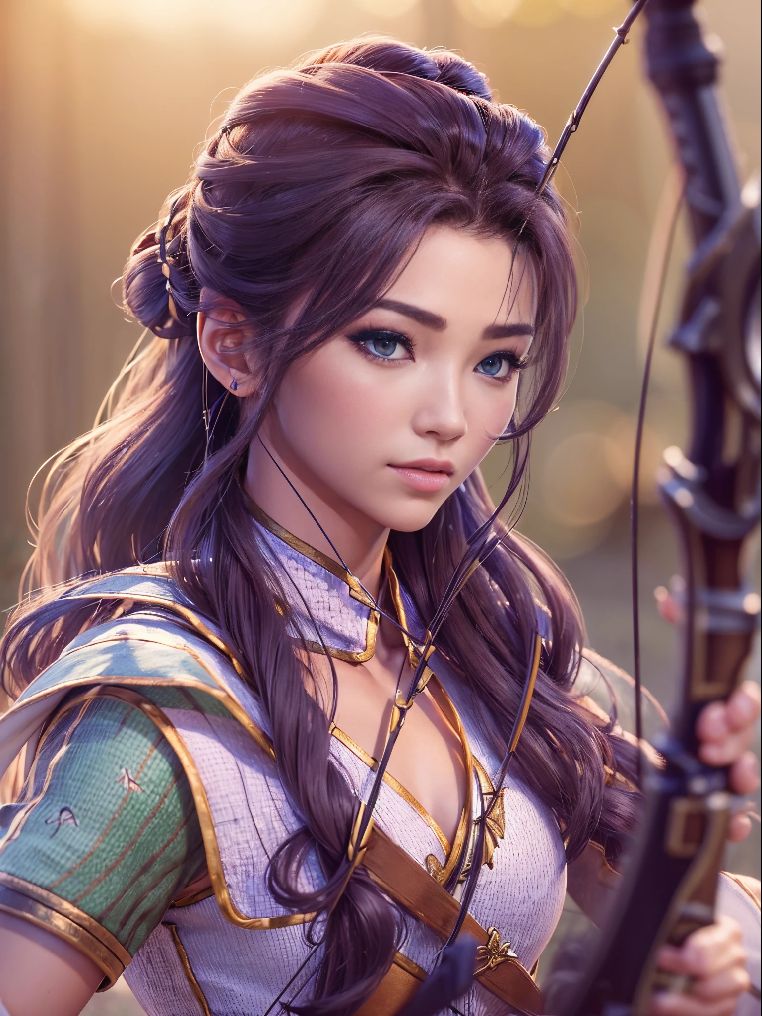 (((beauty of archer)))8K、Ultra-realistic details、An ultra-high picture quality、3d rendered、Holding a bow、Clothes with wide open chests、Supple waist curve、Slender body、Superwavy hair、Bunching hair、Blur the background、The background is the battlefield、