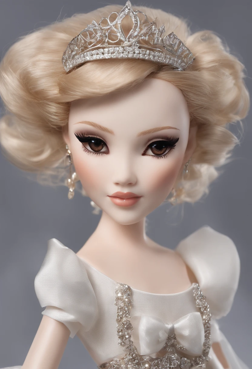 Plastic doll princess, hair bow, evil grin, mean, thin, tiara, looking at viewer,
