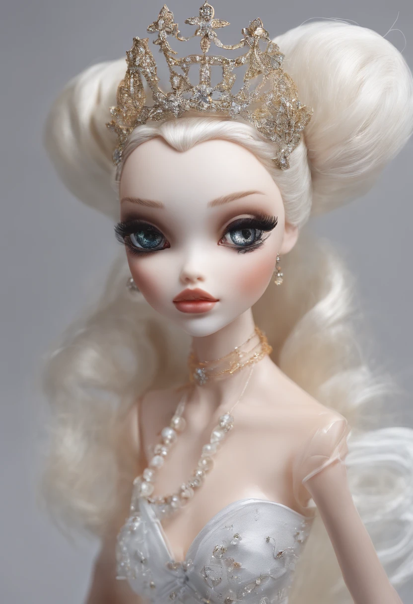 Plastic doll princess, hair bow, evil grin, mean, thin, tiara, looking at viewer,