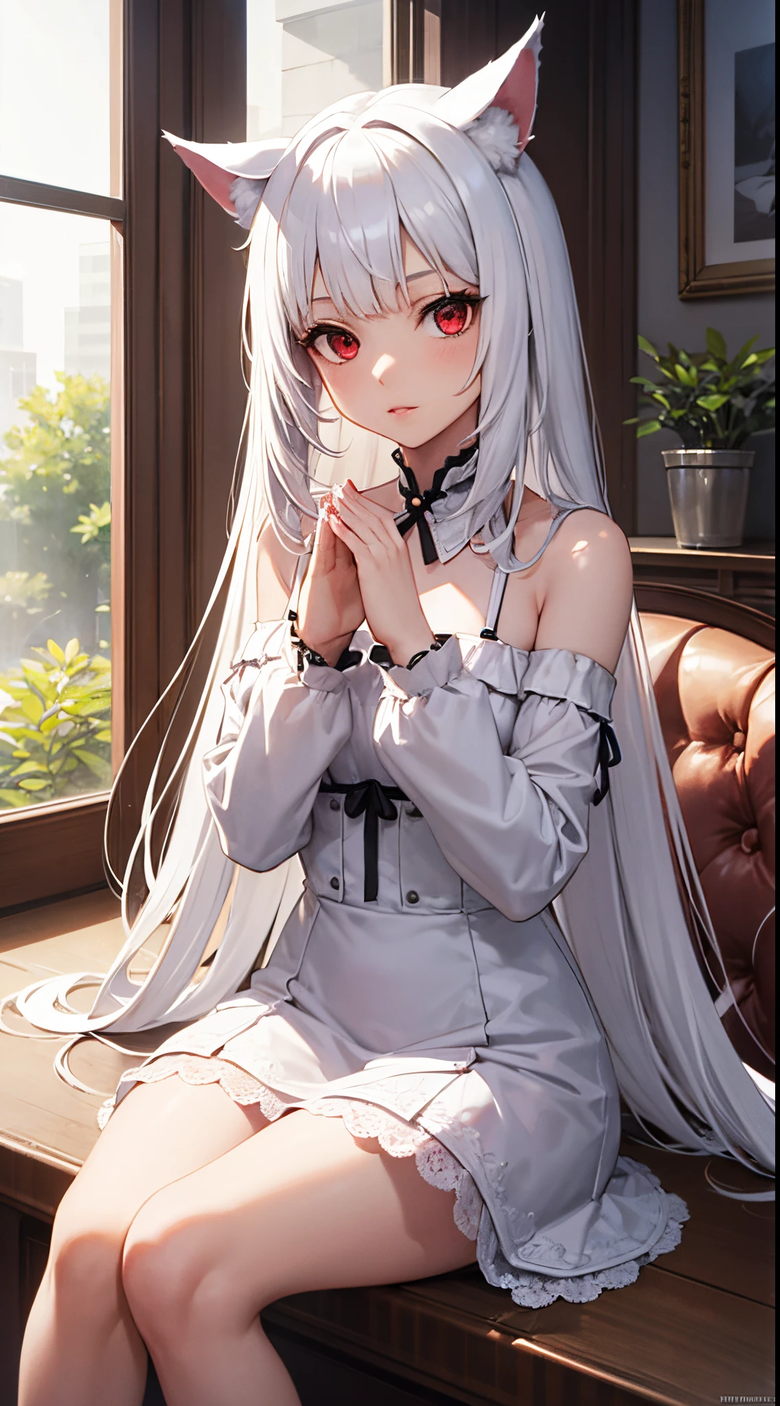 1girl,albino,bare shoulders,cat ears,dress eyelashes,lips,long hair,looking at viewer,photo (medium),red eyes,sitting,solo,white dress,white hair,wolf ears,miqo'te,Touch girl with your hands,Ultra photo realsisim,hyper realisitc,holographic projections.Holographic Display.Holographic style rendering