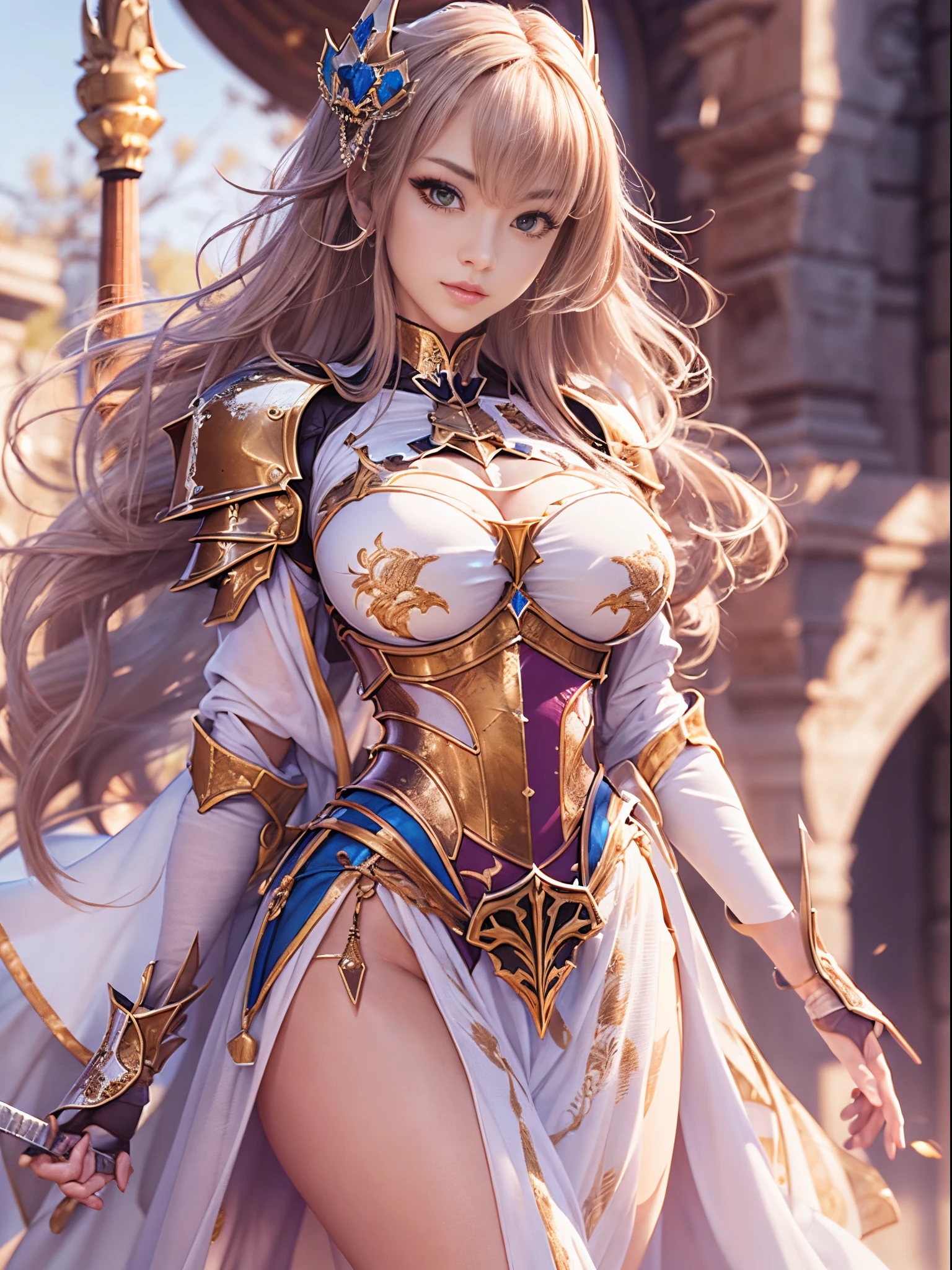 ((extremely detailed CG unity 8k wallpaper)), masterpiece, ultra-detailed, floating, high resolution, sexually suggestive, (petite, absurdly long blonde hair, princess, blue eyes, ("ornate long white and blue see through layered gown with detached sleeves and holy embroidery"), bridal veil, circlet, bridal gauntlets, bridal garters, corset, blushing, bare shoulders, no underwear)