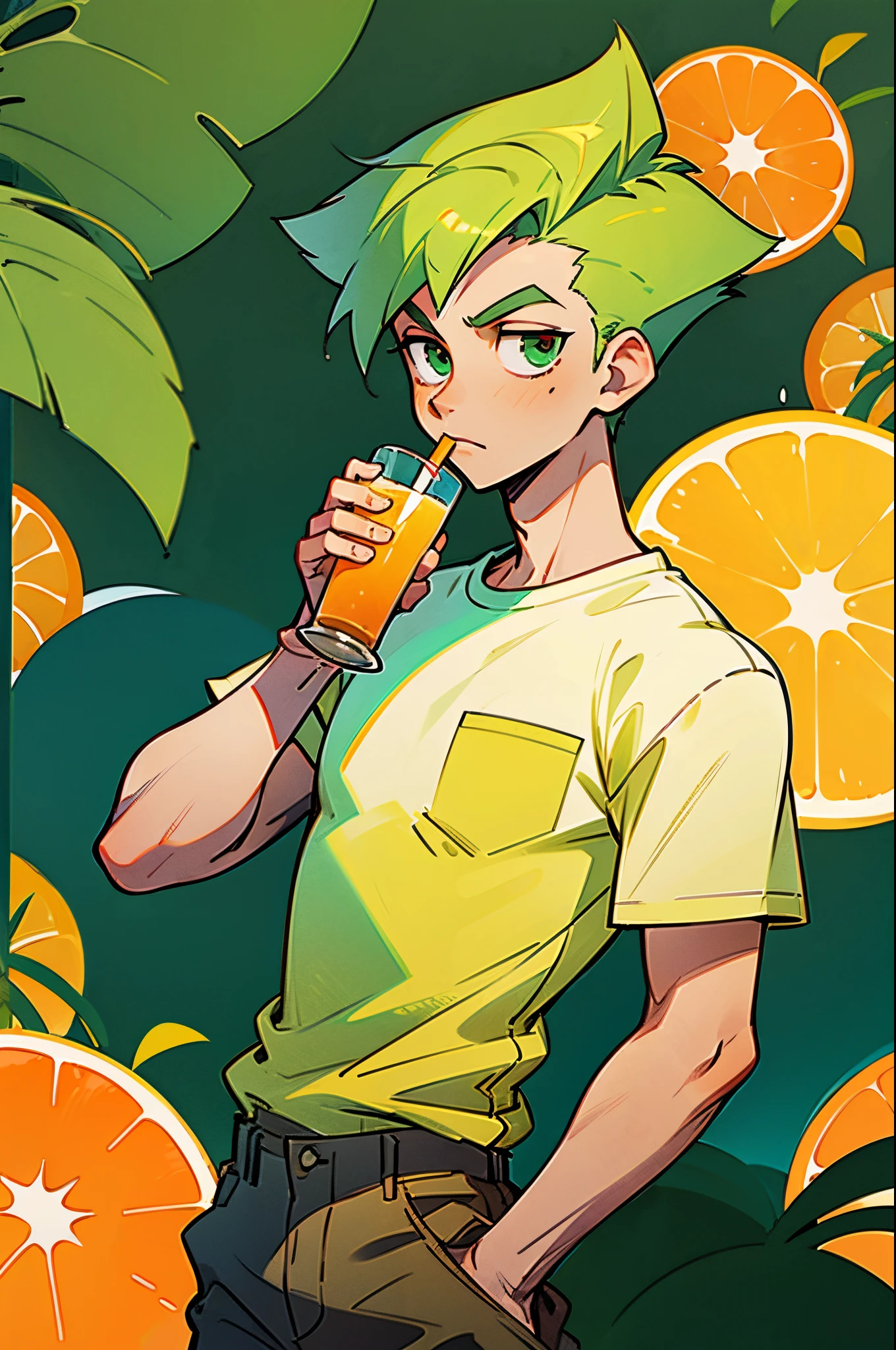 (best quality, masterpiece), 1boy, tshirt, khaki pants, spiky hair, green hair, holding a glass of orange juice