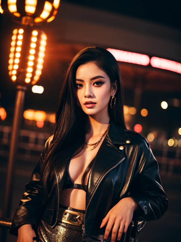 best quality, ultra hi-res, 1/2body portrait photo of a beautiful girl seductress, 20 year old, detailed face, in a night club, (face close up), straight look, award winning photo, Full HD, white lighting.