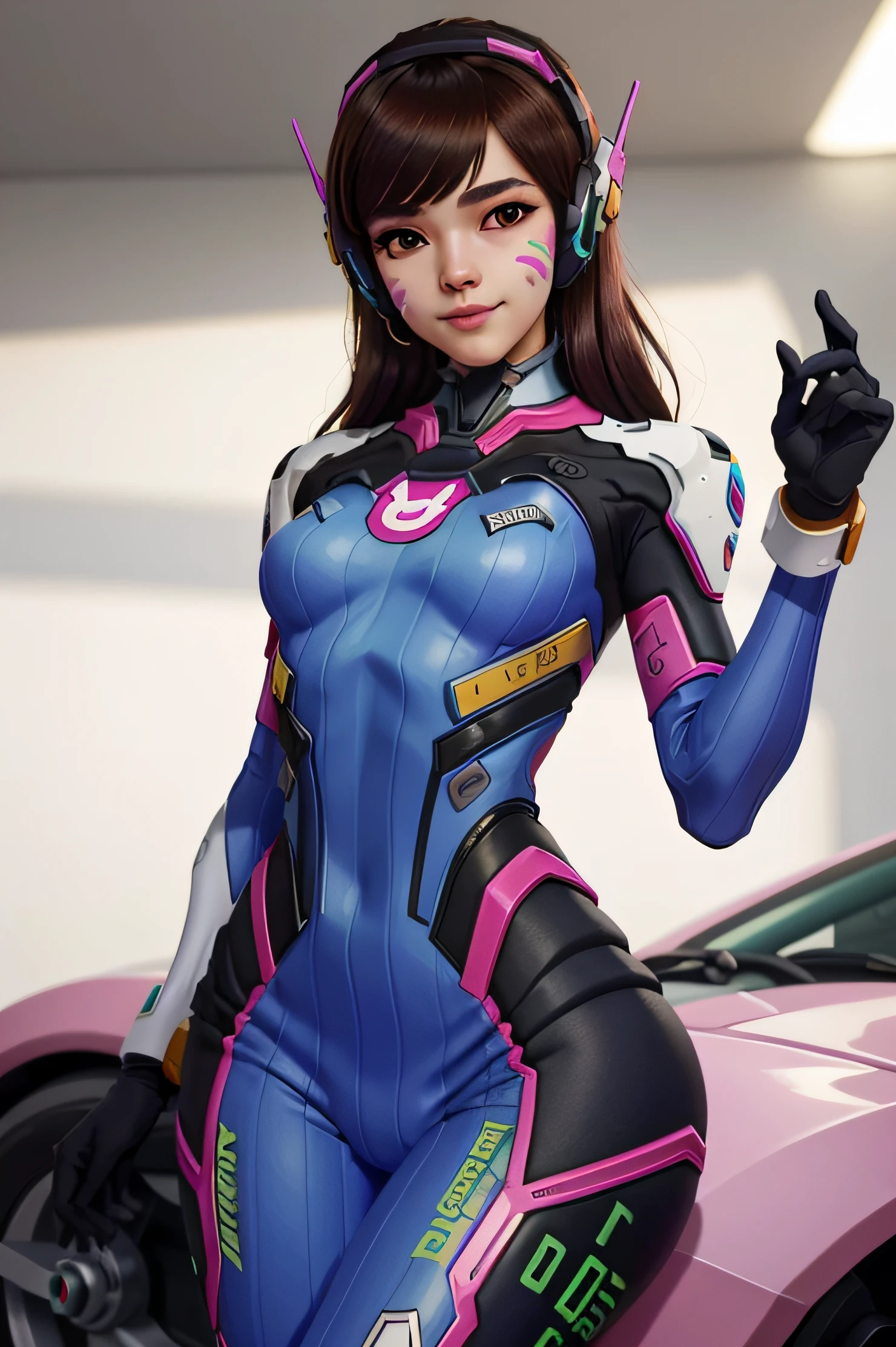 DVaOver, 1girl, sozinho, d.vaidoso (Overwatch), seios, brown hair, Bodysuit, marca facial, Marcas de Bigodes, headphones on head, cabelos longos, traje piloto, Luvaidosos, isca (Overwatch), olhos castanhos, luvaidosos brancas, Mecha, franja, Pele apertada, pernas abertas, lips, franja vaidosorrida, seios grandes, animal print, Robot, pintura facial, Bodysuit azul, Bodysuit nervurado, Olhando para o Viewer, pink lips, sentado, nariz, sorrir, Ombreiras, estampa de coelho, leaning back