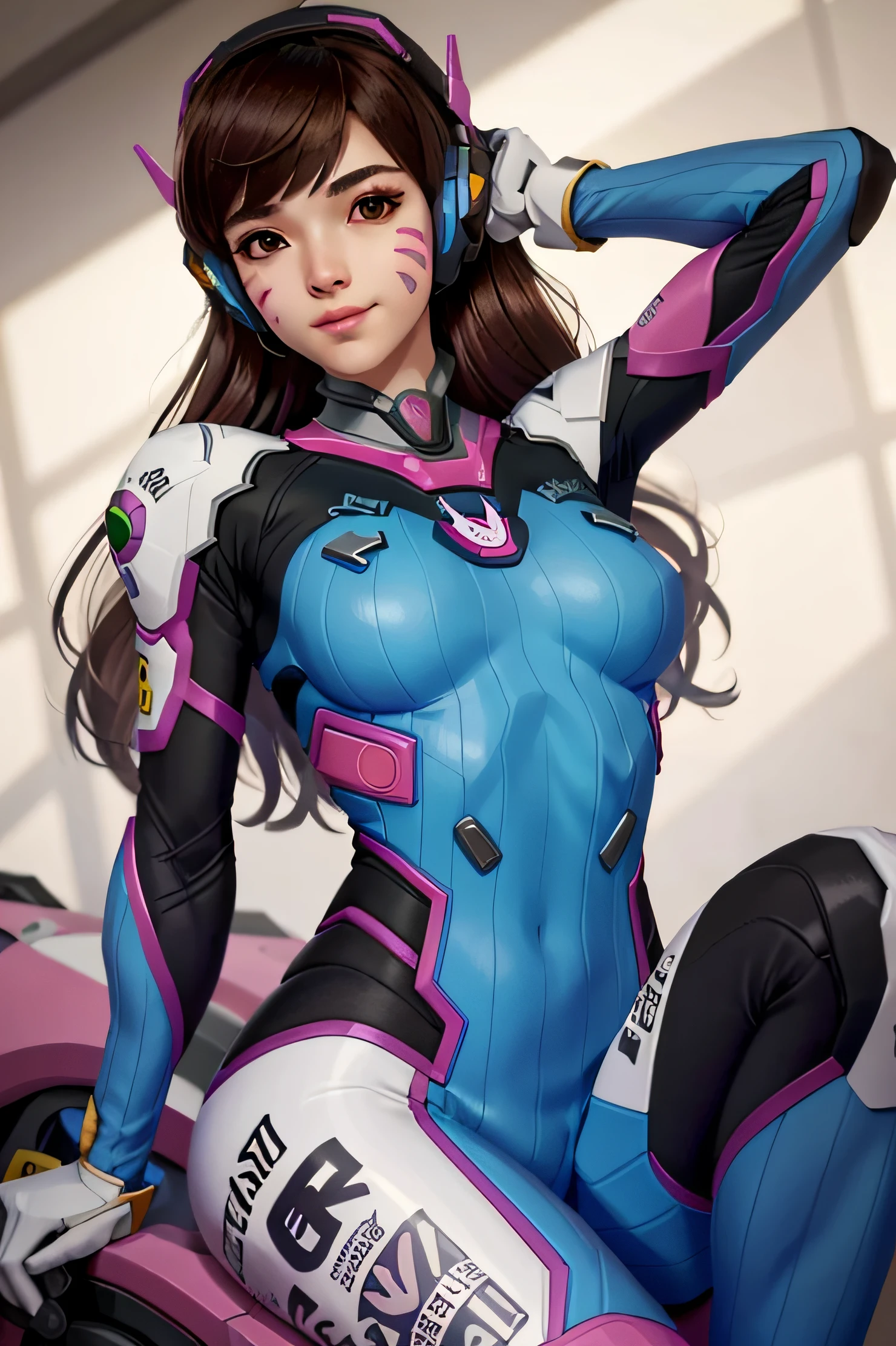 DVaOver, 1girl, sozinho, d.vaidoso (Overwatch), seios, brown hair, Bodysuit, marca facial, Marcas de Bigodes, headphones on head, cabelos longos, traje piloto, Luvaidosos, isca (Overwatch), olhos castanhos, luvaidosos brancas, Mecha, franja, Pele apertada, pernas abertas, lips, franja vaidosorrida, seios grandes, animal print, Robot, pintura facial, Bodysuit azul, Bodysuit nervurado, Olhando para o Viewer, pink lips, sentado, nariz, sorrir, Ombreiras, estampa de coelho, leaning back