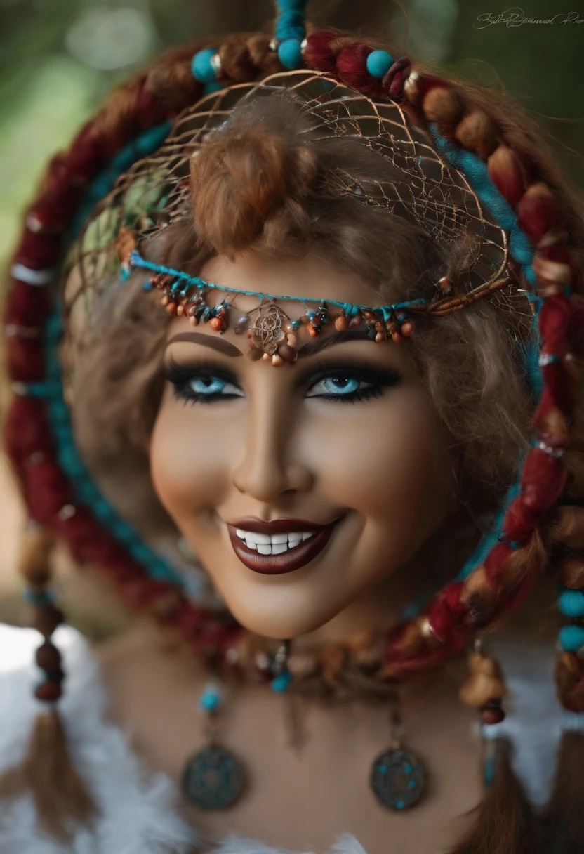 The image is of a unique, hand-crafted dreamcatcher,original,She is a woman. She likes to wear wigs that look realistic. She has a large nose. She is average looking. She is chubby. She always is smiling and likes to smile showing her teeth.
