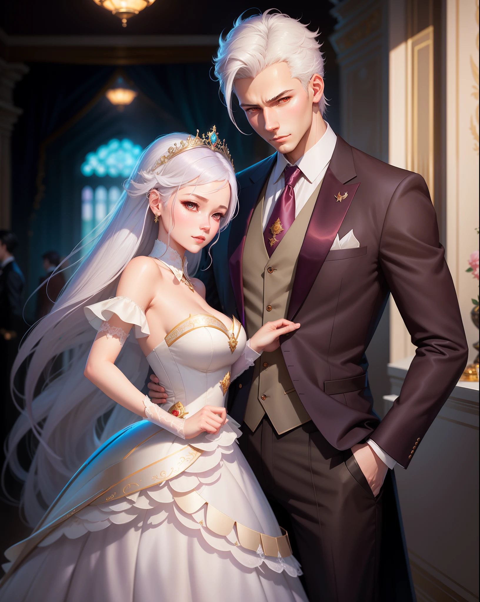 there are two people dressed in formal clothing posing for a picture, wlop and sakimichan, artwork in the style of guweiz, wlop and ross tran, wlop and andrei riabovitchev, neoartcore and charlie bowater, loish and wlop, knight and princess, loish and ross tran, with white hair
