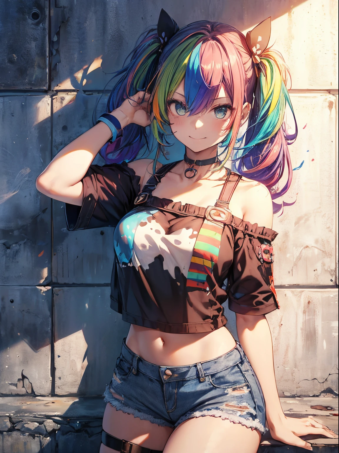 goggles（1.5）Wear goggles on your head、(masutepiece:1.3), (8K, Photorealistic, Raw photo, Best Quality: 1.4), Beautiful face, (Realistic face), Beautiful detailed eyes, (Realistic skin), Attractive, Intricate details,Golden ratio, 1 girl,Naughty smile, (rainbow hair:1.4),((Long twintails,Ribbon 1.4)),(Blue butterfly hair ornament), croptop, Denim shorts, a choker, (doodle:1.5), Paint Splatter, arms behind back, Hitting a wall, Look at viewers, Armbands, Thigh strap, Paint on the body, tilt of the head, tedium,