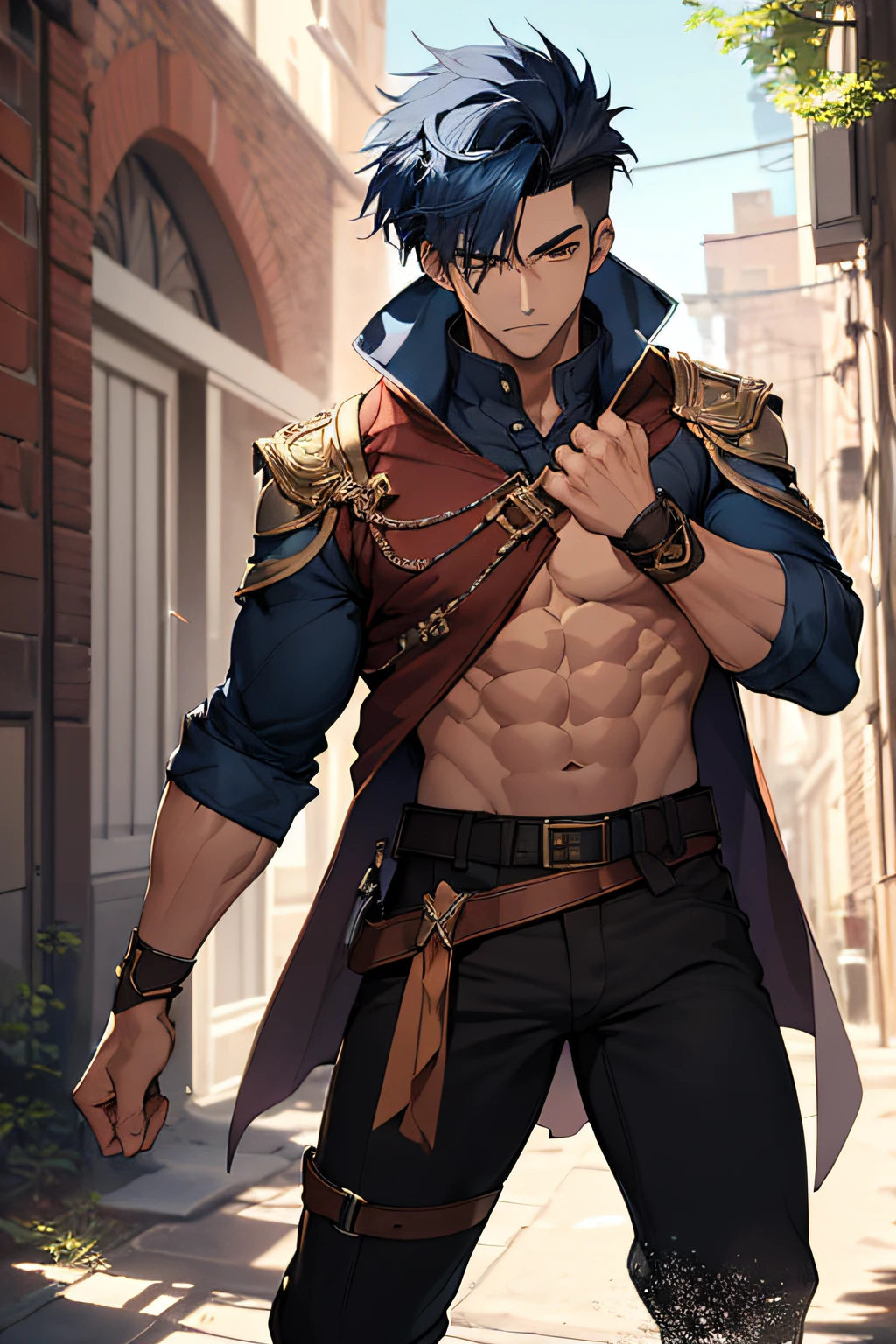 ((Best Quality, 8K, ultra-detailed, Masterpiece: 1.3)), 1boy teenager, (()) attractive, handsome, carefree expression, shiny skin, cobalt blue hair, shoulder-length hair, Perfect Body Beauty, realistic shaded perfect body, muscular, ((Good anatomy)) ("wears a brown tunic, open tunic, black pants and cloth belt without buckle, big bulge ":1.2),(dynamic pose:1.1), thigh bare chest, muscular teen.