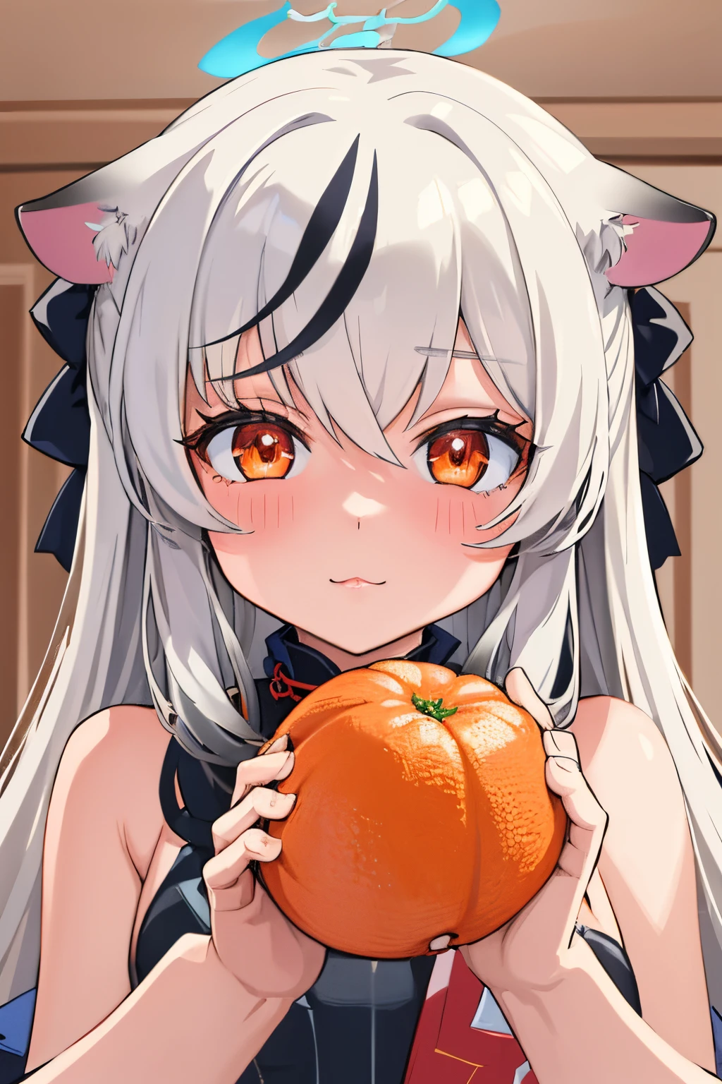 (best quality,ultra-detailed,masterpiece:1.2), 1girl, kokona, indoors, orange eyes, :3, beautiful detailed eyes, beautiful detailed lips, extremely detailed eyes and face, long eyelashes, close-up, warm lighting, vibrant colors