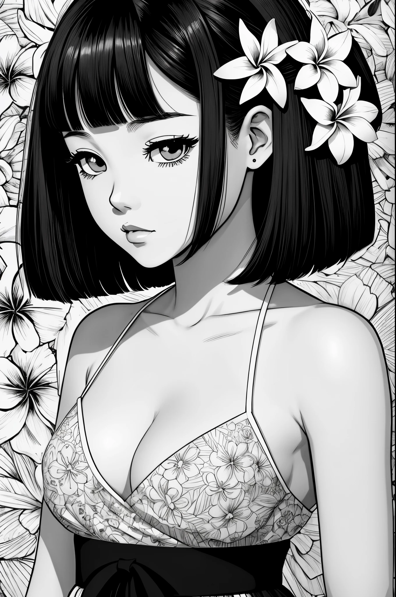 black and white simple drawing, 1 girl with plumeria flowers in the background,((Alone)),((Shoulder length straight bob hair)),no bangs,small head,small face,small breasts,Lolita in floral skirt, Its exquisite ink line art, Manhwa Style, Portrait of Polynesian girl, Marilyn Monroe, Hollywood glamour, beautiful line art, black and white manga style, Manhwa Style, comic artstyle, pencil and ink manga, black and white coloring,line art,