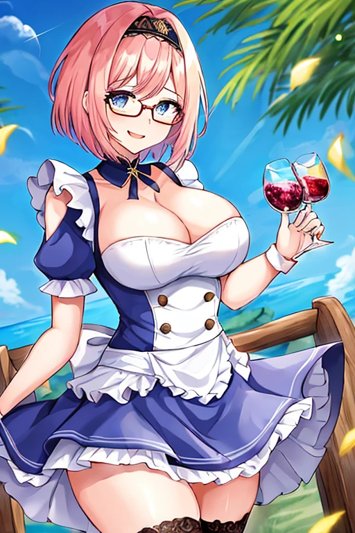 1girl, anime screencap, 2d, anime style, eyla \(genshin impact\), pink hair, breasts, large breasts, thick thicks, wide hips, smile, black headband, headband, hourglass figure, very short hair, short hair, blue eyes, maid uniform, mini-skirt, miniskirt, thighhighs, cleavage, hair ornament, red glasses, glasses