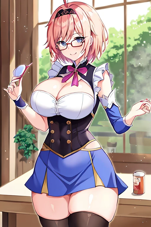1girl, anime screencap, 2d, anime style, eyla \(genshin impact\), pink hair, ???????, ?????????????, thick thicks, wide ????, smile, black headband, headband, hourglass figure, very short hair, short hair, blue eyes, maid uniform, mini-skirt, miniskirt, thighhighs, cleavage, hair ornament, red glasses, glasses