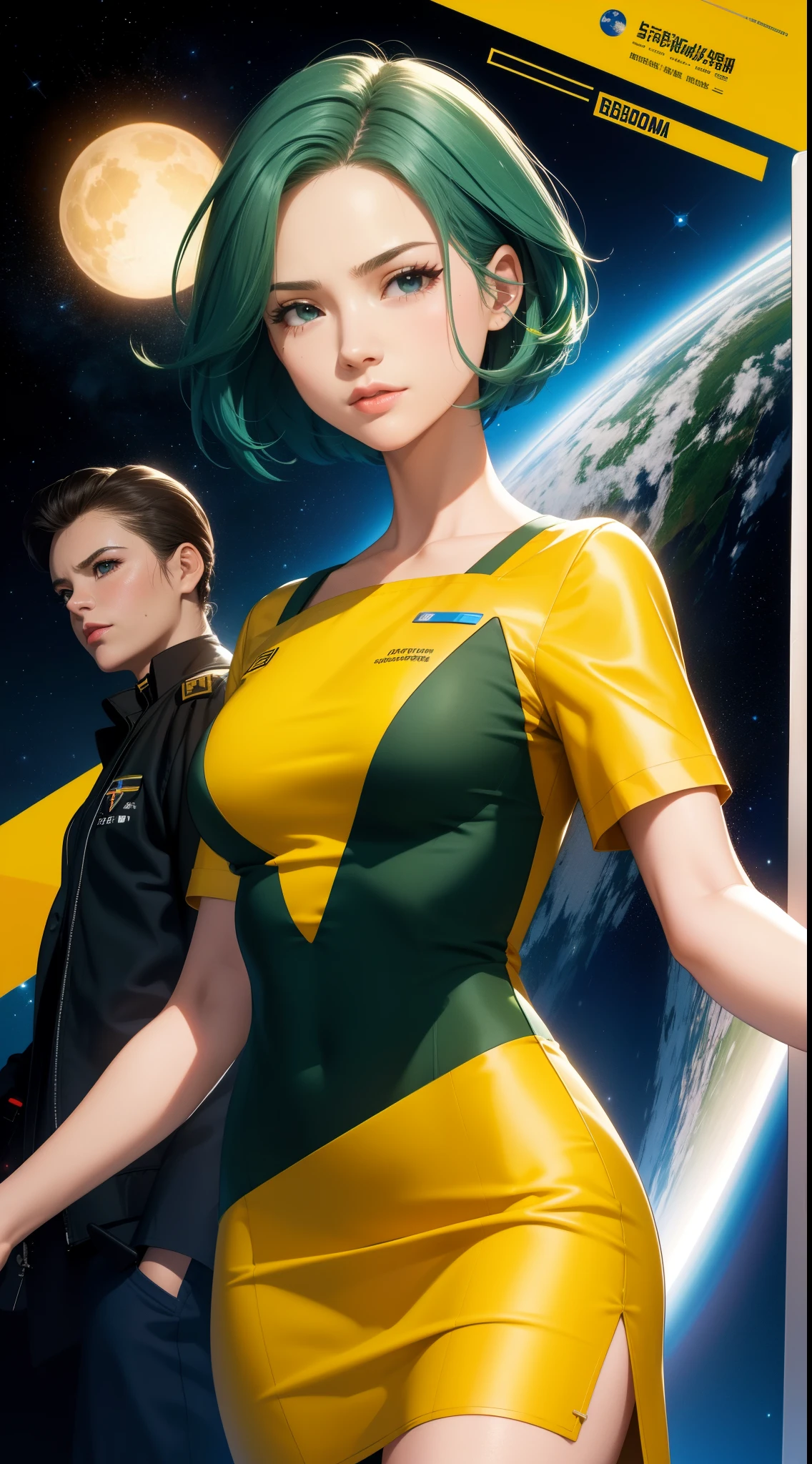scientific fiction, scientific fiction, Science fiction films, movie posters, Foundation film references, Stories about rebellion, grupos anti-governo, politica, guerra, mulher de 25 anos, adulto, olhos verdes claros, cabelo curto ruiva bob, 1945 Medical dress, totalmente vestido, vestido educado, serious face, Realistic face resolution, realista, Object resolution