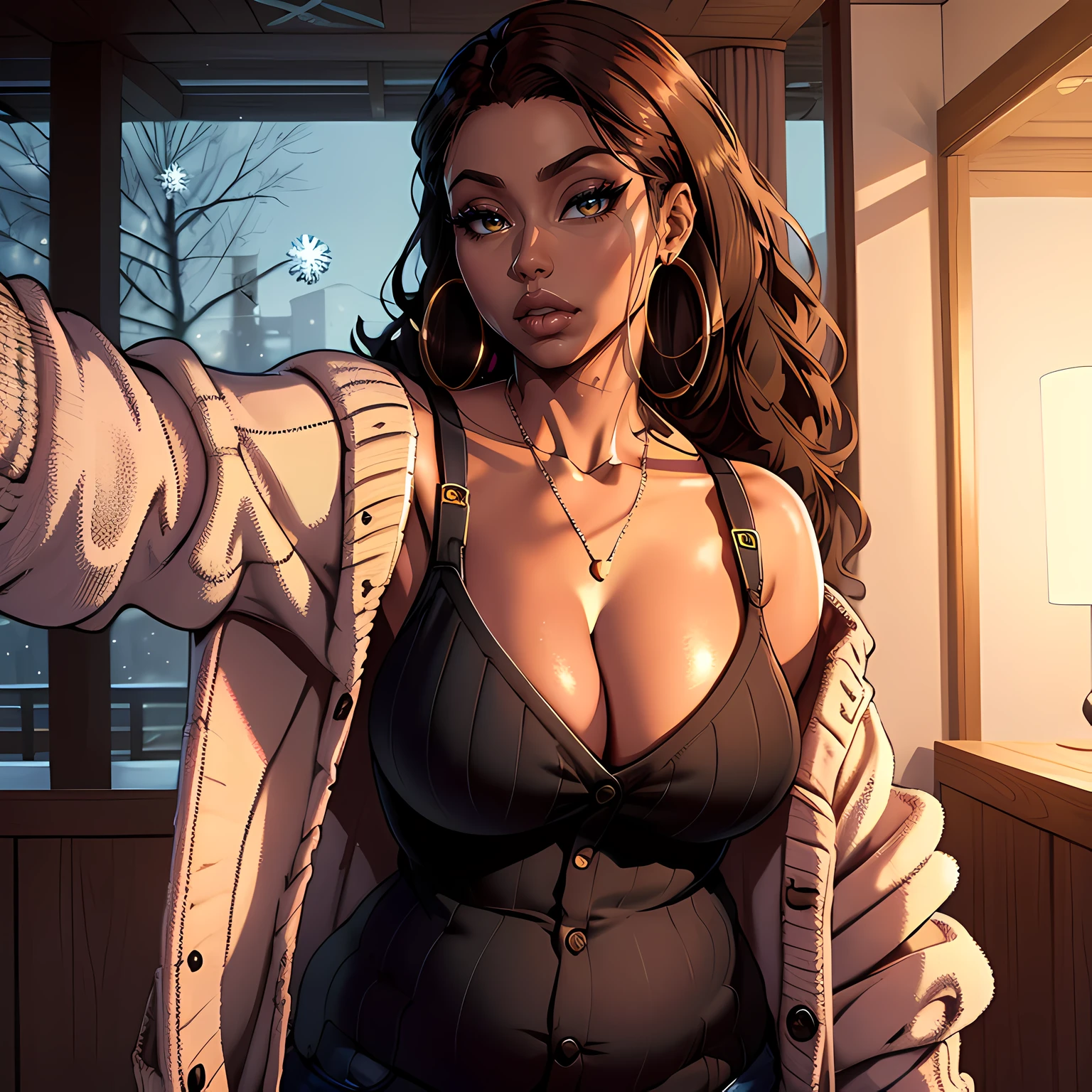 Masterpiece, High quality, 1girl

"nicki minaj taking a selfie, dark skin, black woman, african american woman, mature female milf, portrait, highly detailed, direct gaze" she has long wavy brown hair, wearing a ((cardigan sweater)) and is dressed in ((winter clothes)), wearing hoop earrings, ((slightly chubby)), ((small breasts)), deep cleavage, view from below