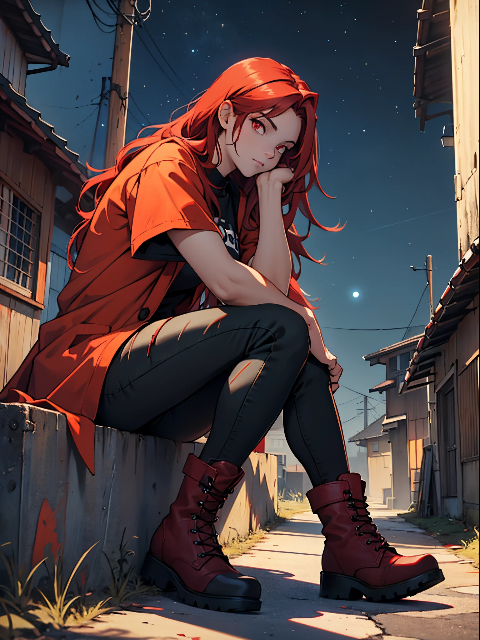 Girl with long red hair, left eye blue, red eye yellow, black grunge coat, red t-shirt, black pants, black grunge boots, thinking pose, looking at SKY, sitting outside house, night sky