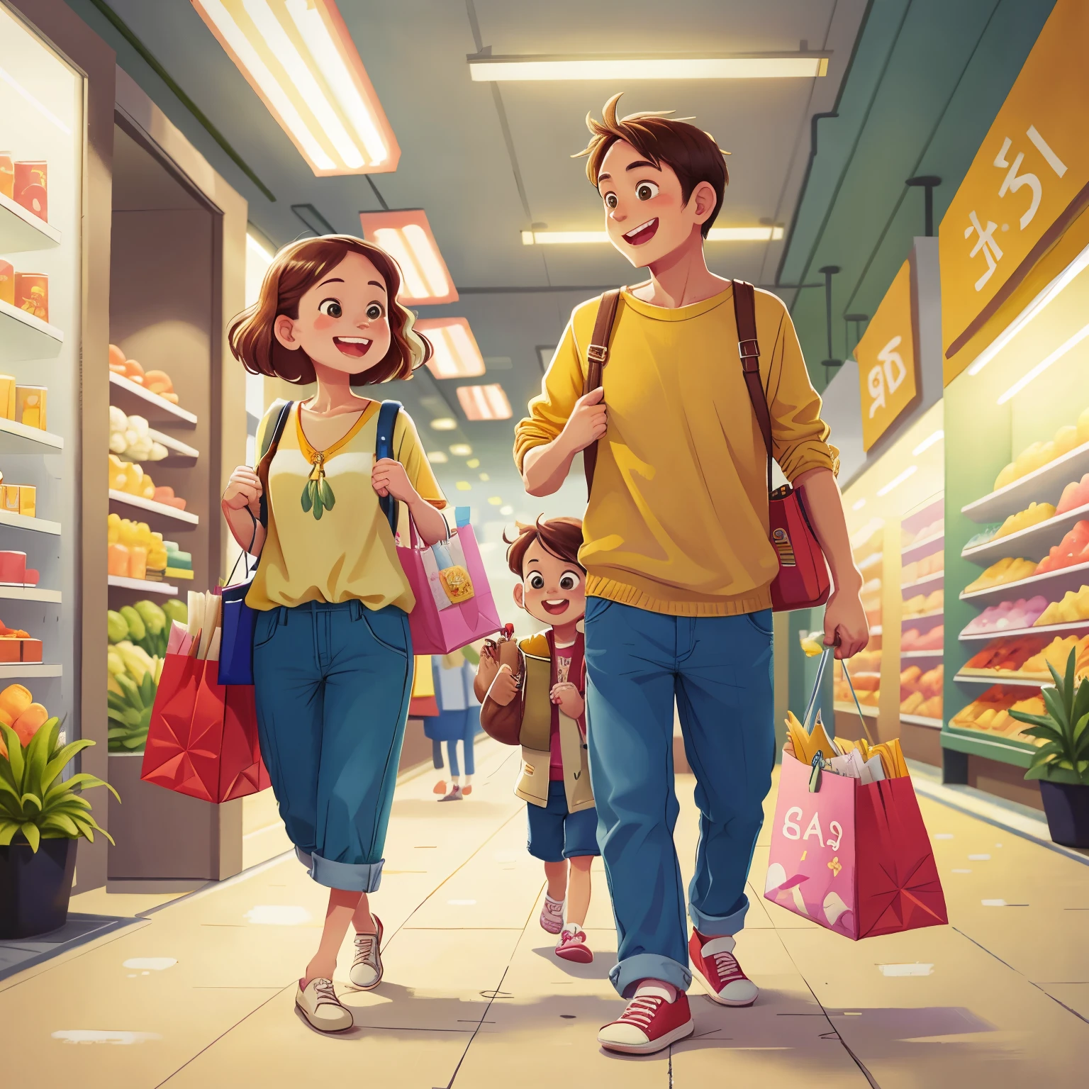husband and wife，Shopping，Shopping bag in hand，Walking forward，ssmile