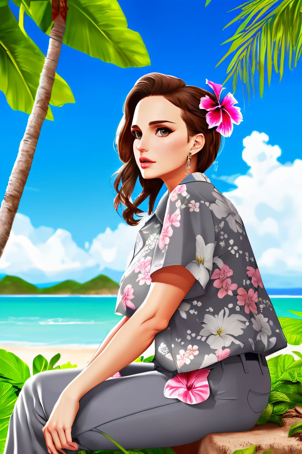 a flat vector art,ABBA singer,cute woman,beautiful anime style woman,Natalie Portman, ((half-length portrait)), ((wear blue hawaii floral shirt with grey pants)), BREAK ((sitting at island with plant and water on sunny day)), (detailed background, depth of field, half body shadow, sunlight, ambient light on the body), (intricate:1.1), (high detail:1.2), (soft focus), [explicit content, questionable content], (masterpiece, best quality, 4k, 2k, shaded, absurd res)