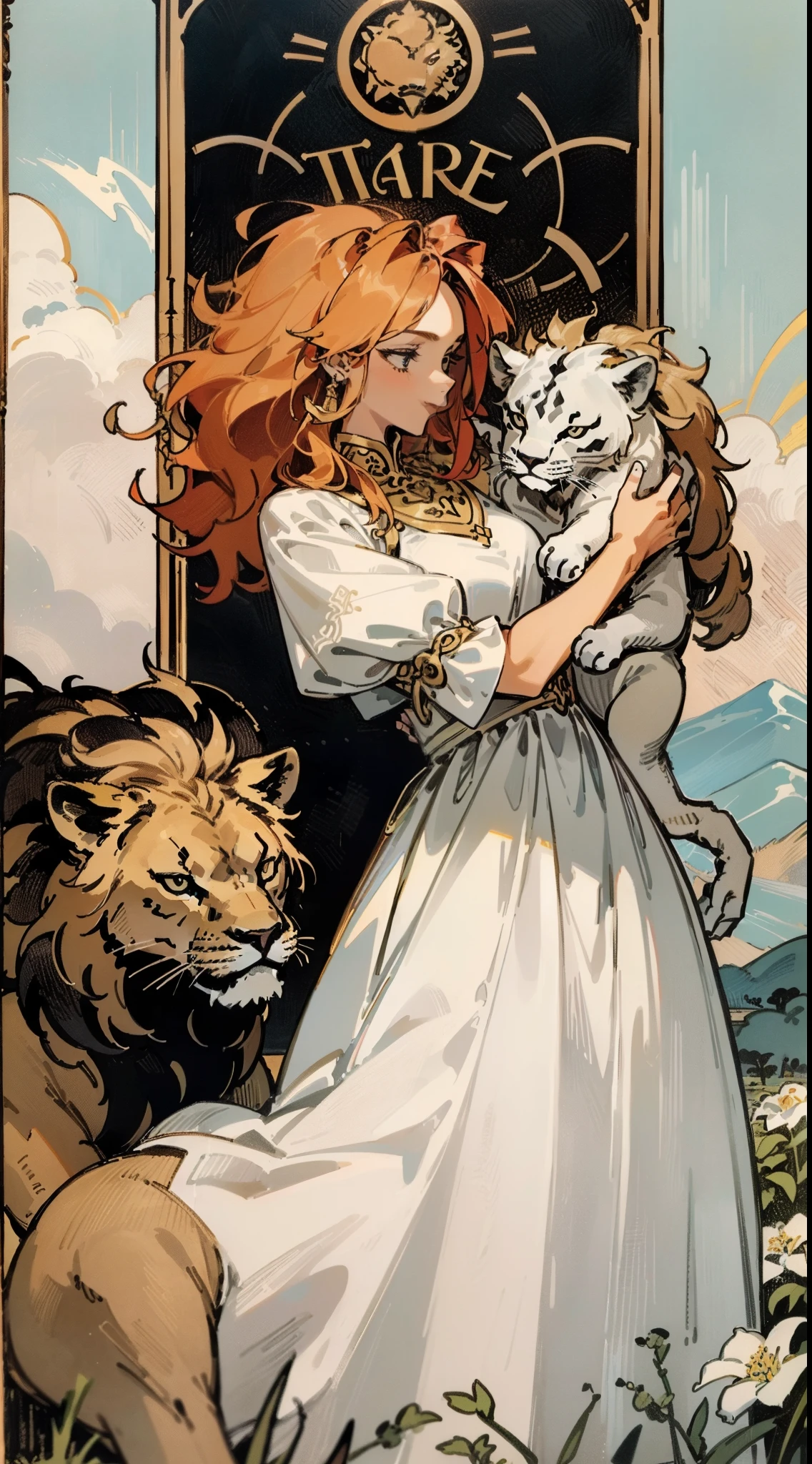 tarot card, strength, woman, dress, petting lion, outdoors