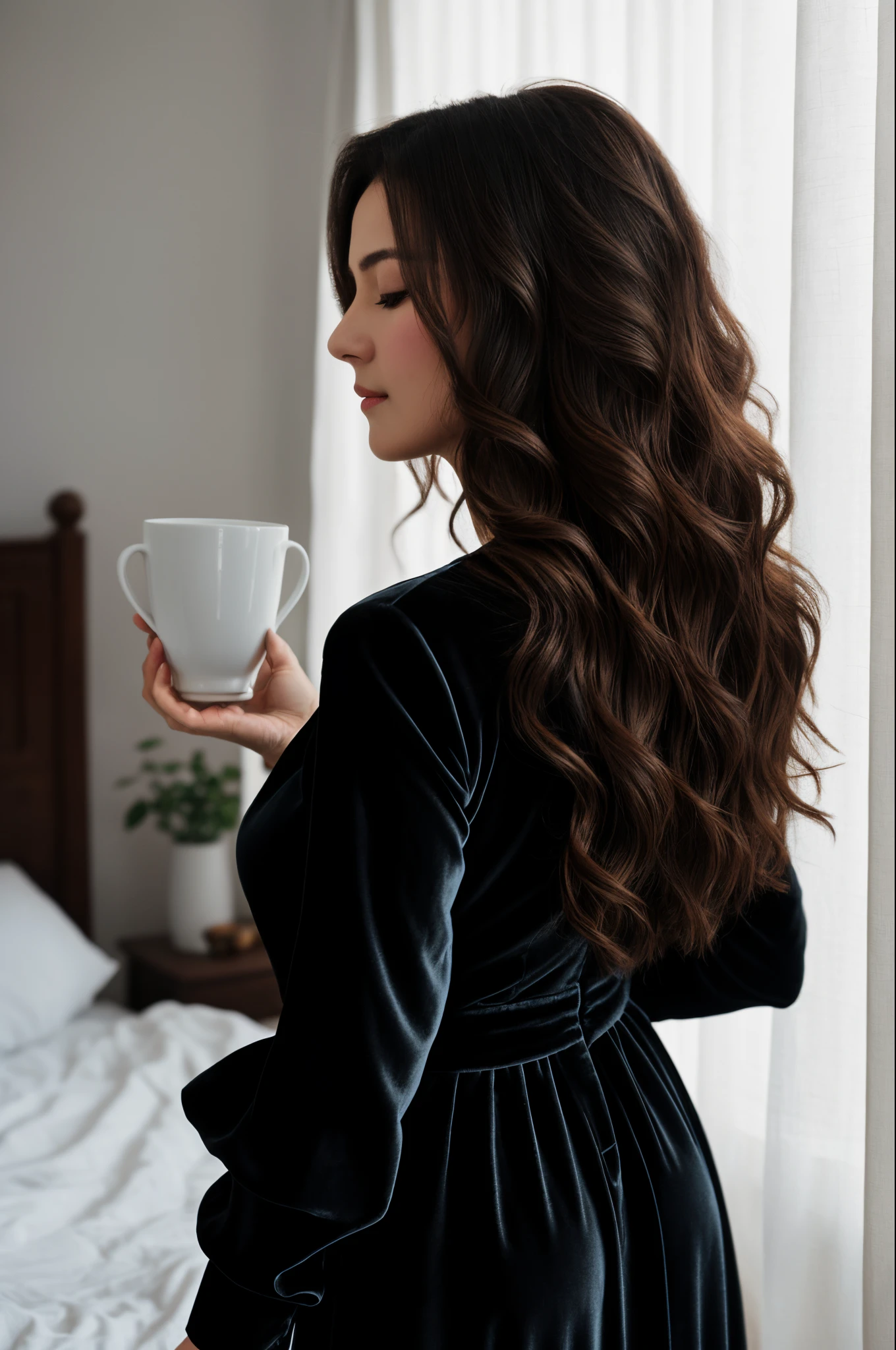 best quality, masterpiece, original, highres, 8k wallpaper, portrait of a mature woman, elegant lady, (elder sister), age of 30, (mature:1.3), half body, from back, standing in front of a bed, bedroom, (holding a cup), {backlight:1.3}, messy hair|brown wavy hair, extremely detailed beautiful face, beautiful eyes|black eyes|half-closed eyes, black long dress, turning around, looking at viewer, in bedroom, velvet curtain, from below, ray tracing, tyndall effect, rim light, summer dawn, slim