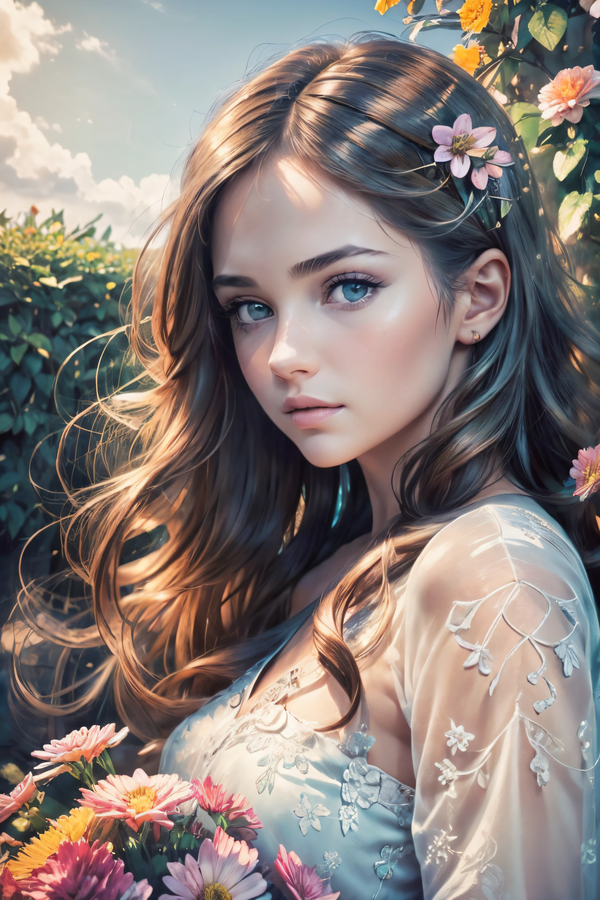 (best quality, realistic:1.37), vibrant colors, beautiful detailed eyes, beautiful detailed lips, long brown hair, blue eyes, warm lighting, girl in a garden, flowers, green grass, sunlight, gentle breeze