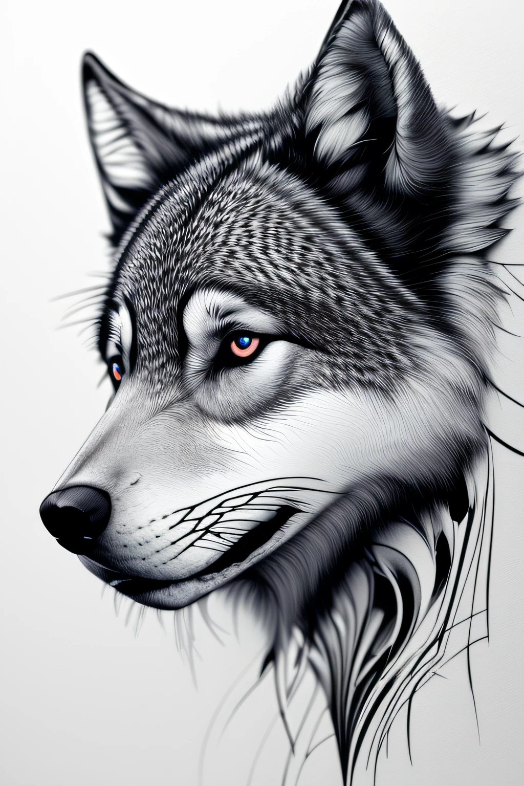 vector line art of wolf_pup_head_and_face, artistic detail, delicate stroke, ballpoint pen sketch, from side,