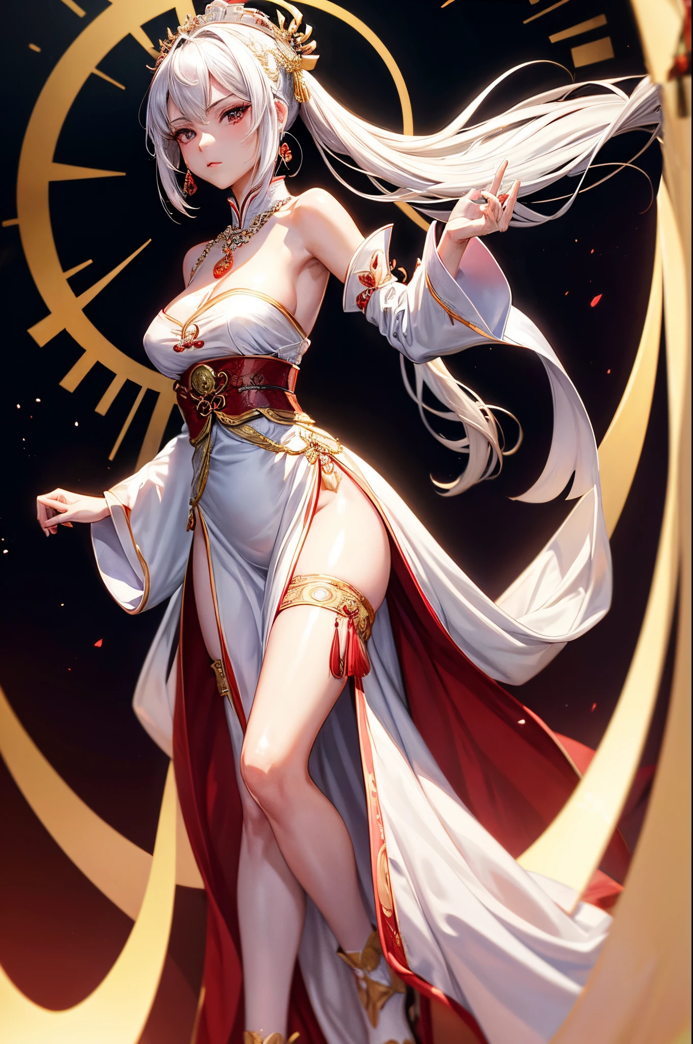  ((best quality)), ((masterpiece)), (detailed), 1girl, Character design, NSFW, scholarly  female, scholar, female scholar, educator, teacher, fortune teller, holding a large bell, carrying a large bell, ringing a large bell, bell,astrology, astrological symbolism, star reading, celestrial theme, heavens, heavens above, constellations, blood magic, blood mage, dynamic poses, long white grey hair, grey white eyes, very skinny, detailed, best quality, no accesoires around the neck, no shoes, prominent collarbones, skinny arms, flat stomach, visible hip bones, small breasts, full body, blank white background, plain background, white background, red and white clothing, Bloodborne inspired, occult aesthetic, occult, detailed and intricate steampunk and detailed gothic, NSFW, Fluttering lace flared long knee length dress with frilly petticoats, knee length dress, pleated petticoats, petticoats gothic, complex lace boots, gothic aesthetic, wielding a mighty sword with mechanical components, mandalas, small breasts, a fairy, various different types of insect wings, bug wings, beetle wings, NSFW, full body, whole body, body, chains, 