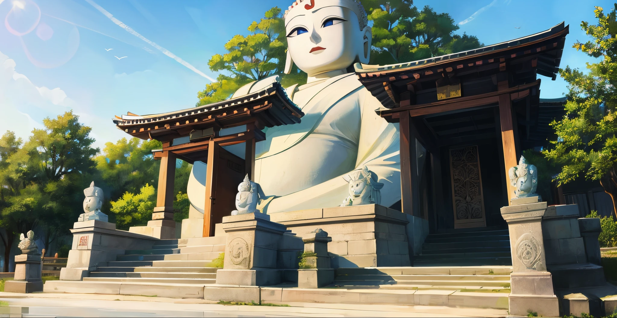 A full-body statue of Senju Kannon, the Buddhist deity with a thousand arms, standing in a sacred shrine. The statue is highly detailed with intricate carvings on each of the arms and hands. The lighting is cinematic, casting dramatic shadows and highlighting the divine features of the deity. The scene is mysterious and awe-inspiring, with a sense of reverence and spiritual power. The environment around the statue is traditional, with the presence of temple elements like lanterns, torii gates, and soft mist, enhancing the otherworldly atmosphere.