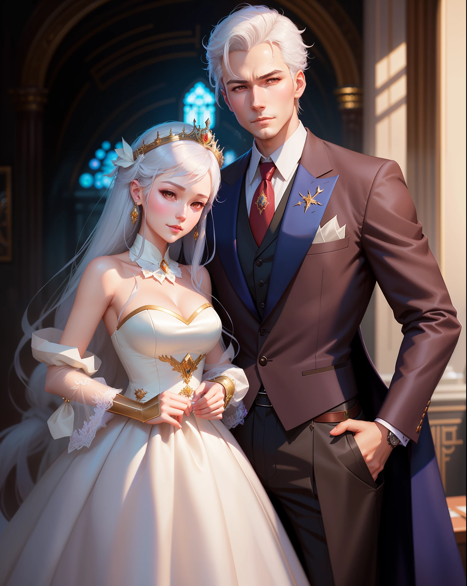 there are two people dressed in formal clothing posing for a picture, wlop and sakimichan, artwork in the style of guweiz, wlop and ross tran, wlop and andrei riabovitchev, neoartcore and charlie bowater, loish and wlop, knight and princess, loish and ross tran, with white hair