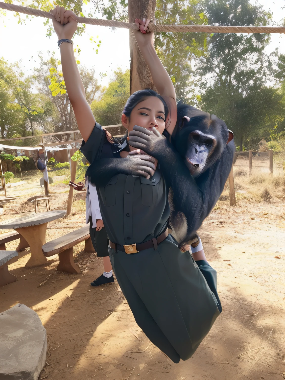 araffes holding a baby chimpan on a swing in a zoo, 🦩🪐🐞👩🏻🦳, astronaut with a chimpanzee, real picture taken in zoo, chimpanzee, by Emma Andijewska, subject= chimp, holding it out to the camera, ape teaching pepe, stunning sight, apes hanging from vines