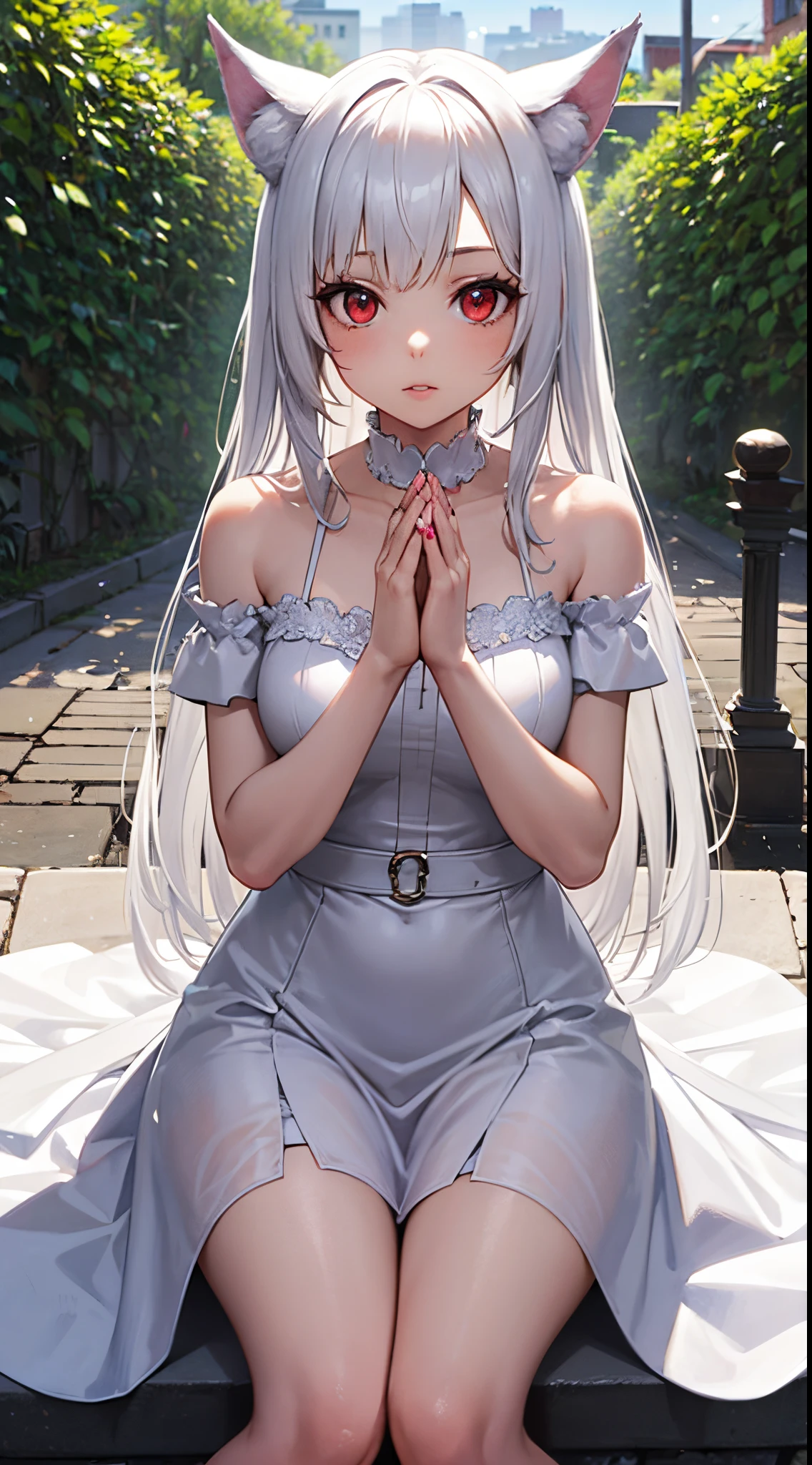 1girl,albino,bare shoulders,cat ears,dress eyelashes,lips,long hair,looking at viewer,photo (medium),red eyes,sitting,solo,white dress,white hair,wolf ears,miqo'te，Touch girl with your hands，Ultra photo realsisim,hyper realisitc,holographic projections.Holographic Display.Holographic style rendering