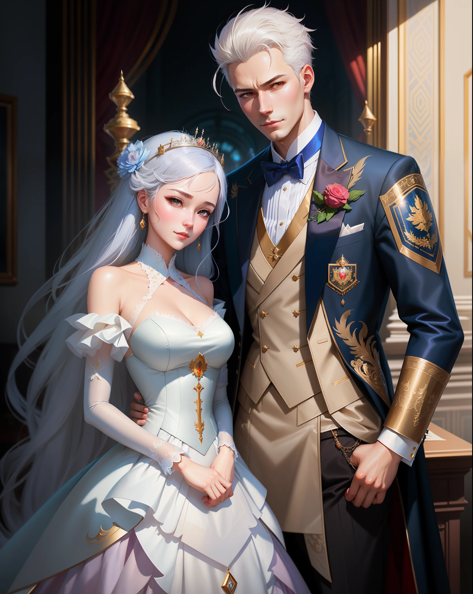 there are two people dressed in formal clothing posing for a picture, wlop and sakimichan, artwork in the style of guweiz, wlop and ross tran, wlop and andrei riabovitchev, neoartcore and charlie bowater, loish and wlop, knight and princess, loish and ross tran, with white hair