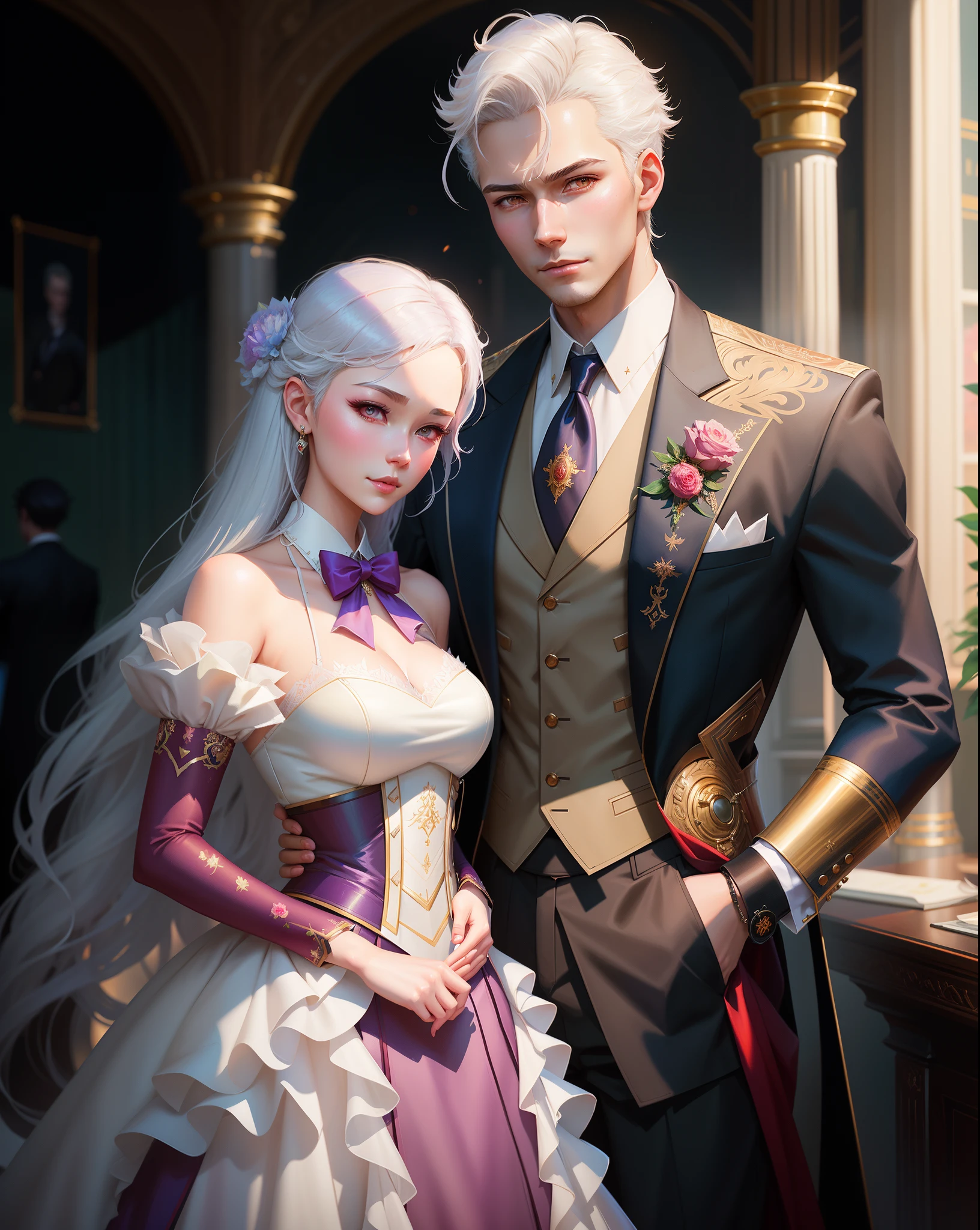 elf  woman, with white hair and light pink half, with full breasts, in formal clothes inside a house with people blurred behind