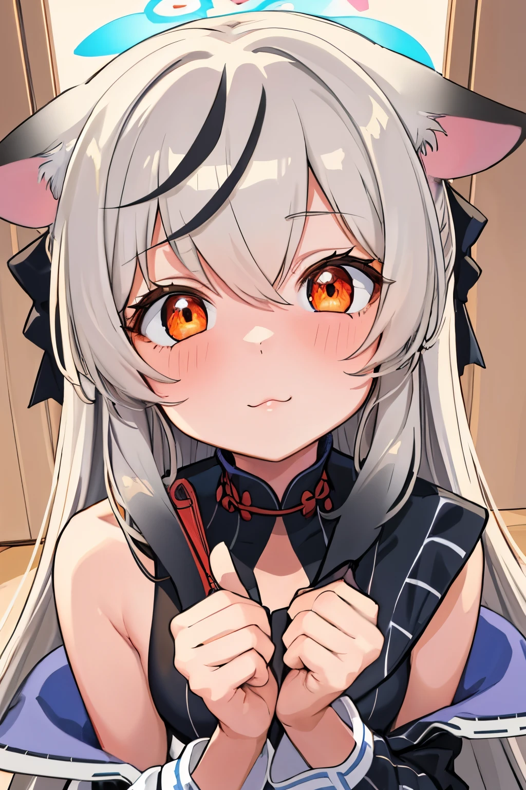 (best quality,ultra-detailed,masterpiece:1.2), 1girl, kokona, indoors, orange eyes, :3, beautiful detailed eyes, beautiful detailed lips, extremely detailed eyes and face, long eyelashes, close-up, warm lighting, vibrant colors