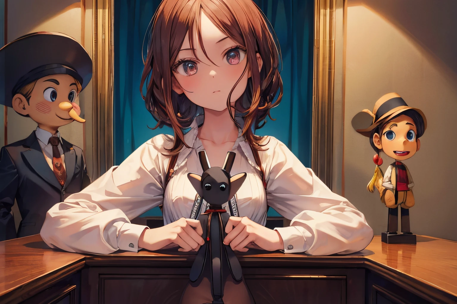 (Pinocchio puppet:1.3), (masterpiece), (Best Quality), High resolution, Ultra Detail, Photorealistic, 8K, intricate face, Detailed body, Detailed face, Beautiful, 
BREAK 
1girl, Beautiful Girl, middle breasts, Narrow waist, athletic bodies, classical dress,
BREAK 
desk
