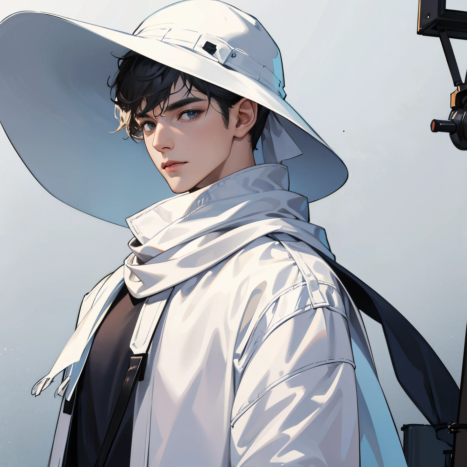 Male,white shirt,black scarf,white bucket hat,