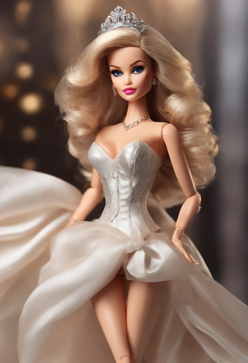 Full body, Cute Flawless barbie doll, young, arrogant, confident, hair bow, evil smirk, mean, thin, bikini, high-heeled boots, tiara, looking at viewer, from below, masterpiece, 8k, super detail, ccurate, best quality