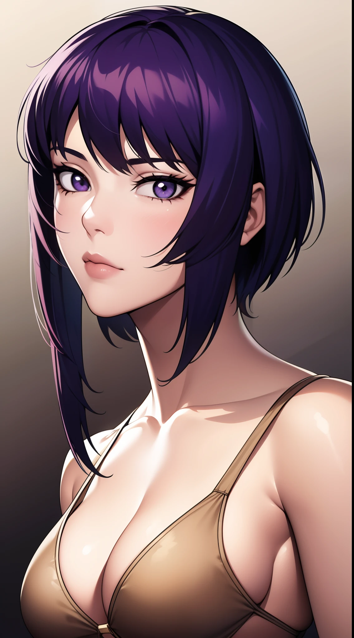 {8k image}, motoko kusanagi (ghost in the shell), big purple hair, medium breasts, wearing a beige swimsuit, looking at the viewer with a neutral expression, {close on face}, no background, manga art style, semi realistic lineart