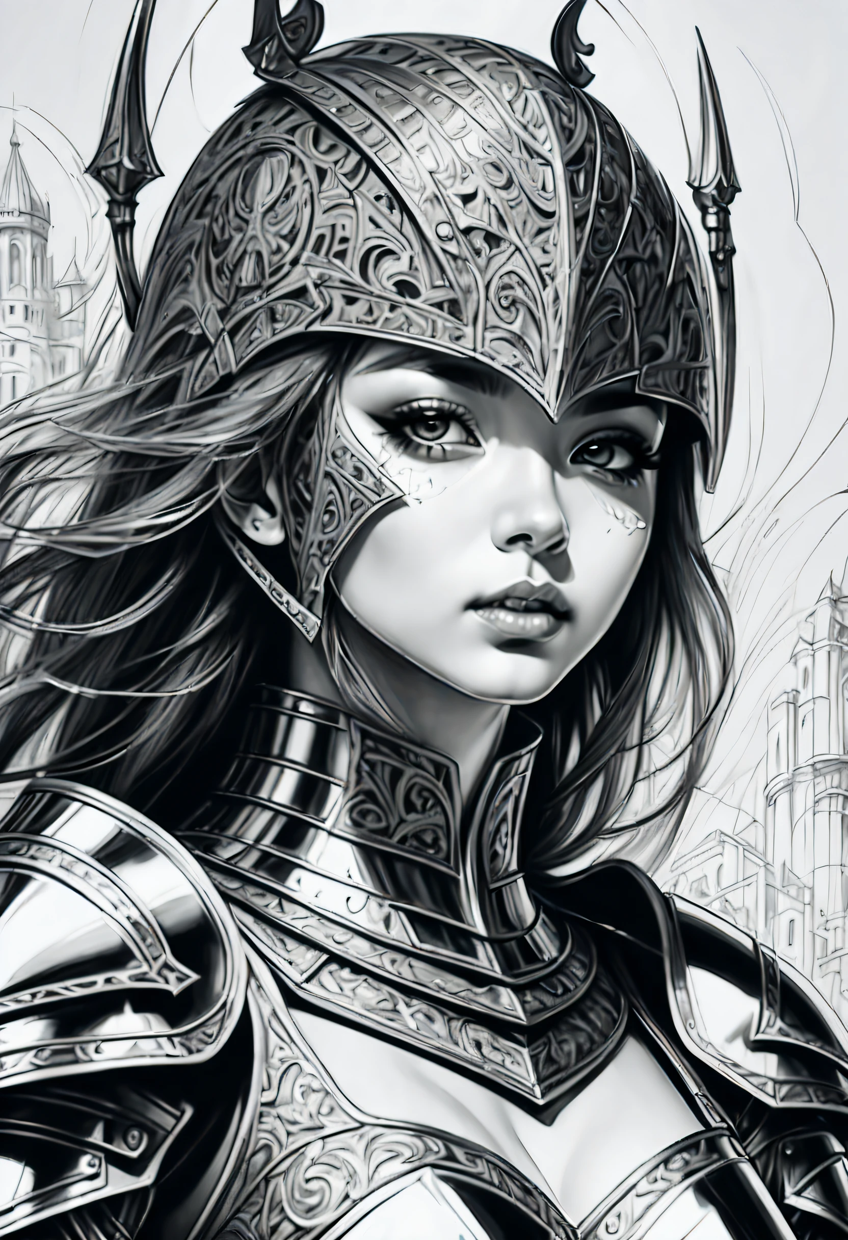 (((pencil continuous line drawing:1.2))), knight girl, insane armor, strong below, sharp features and intense gaze, almond big eye, drawing is incredibly detailed, intricate details meticulously,