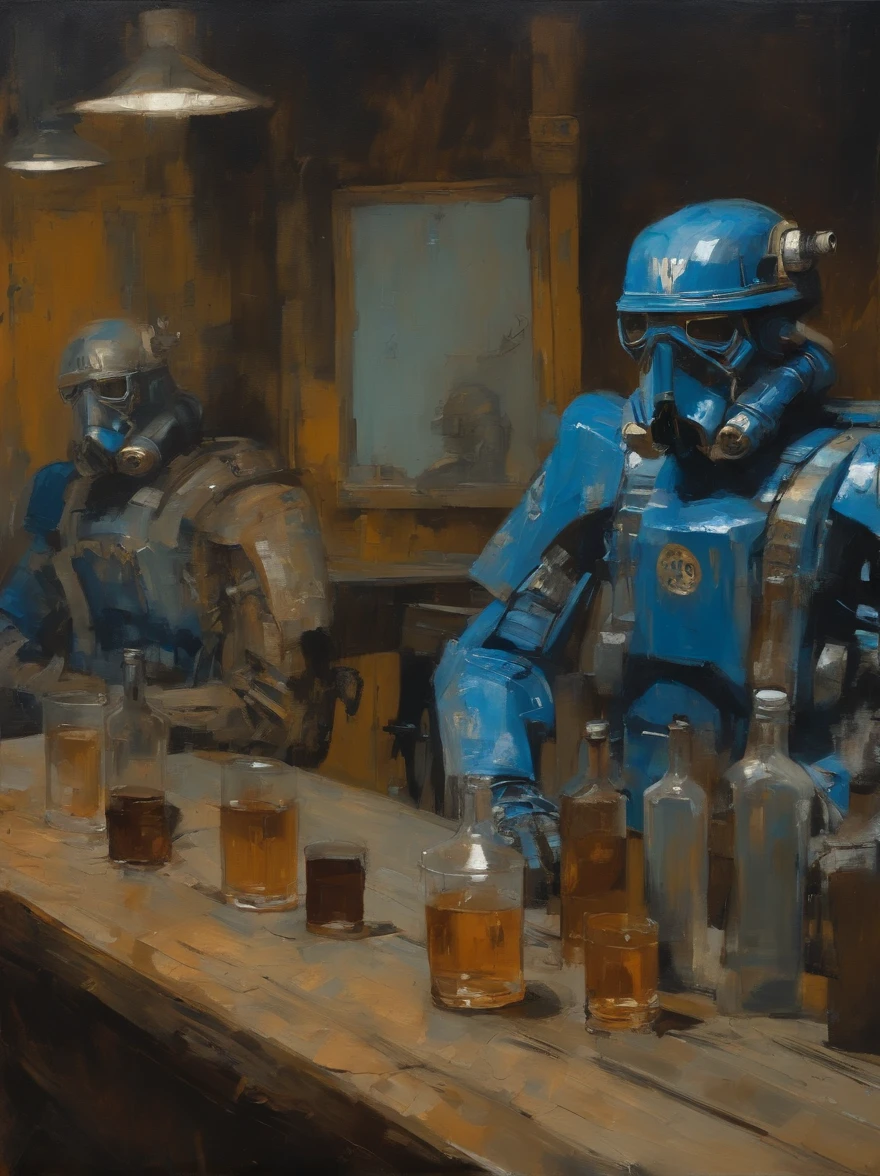 Ashley Wood（Ashley Wood）Realistic paintings created in Van Gogh's unique style，Depicted ((Blue rusty 2 cyborgs drinking whiskey in a post-apocalyptic bar))