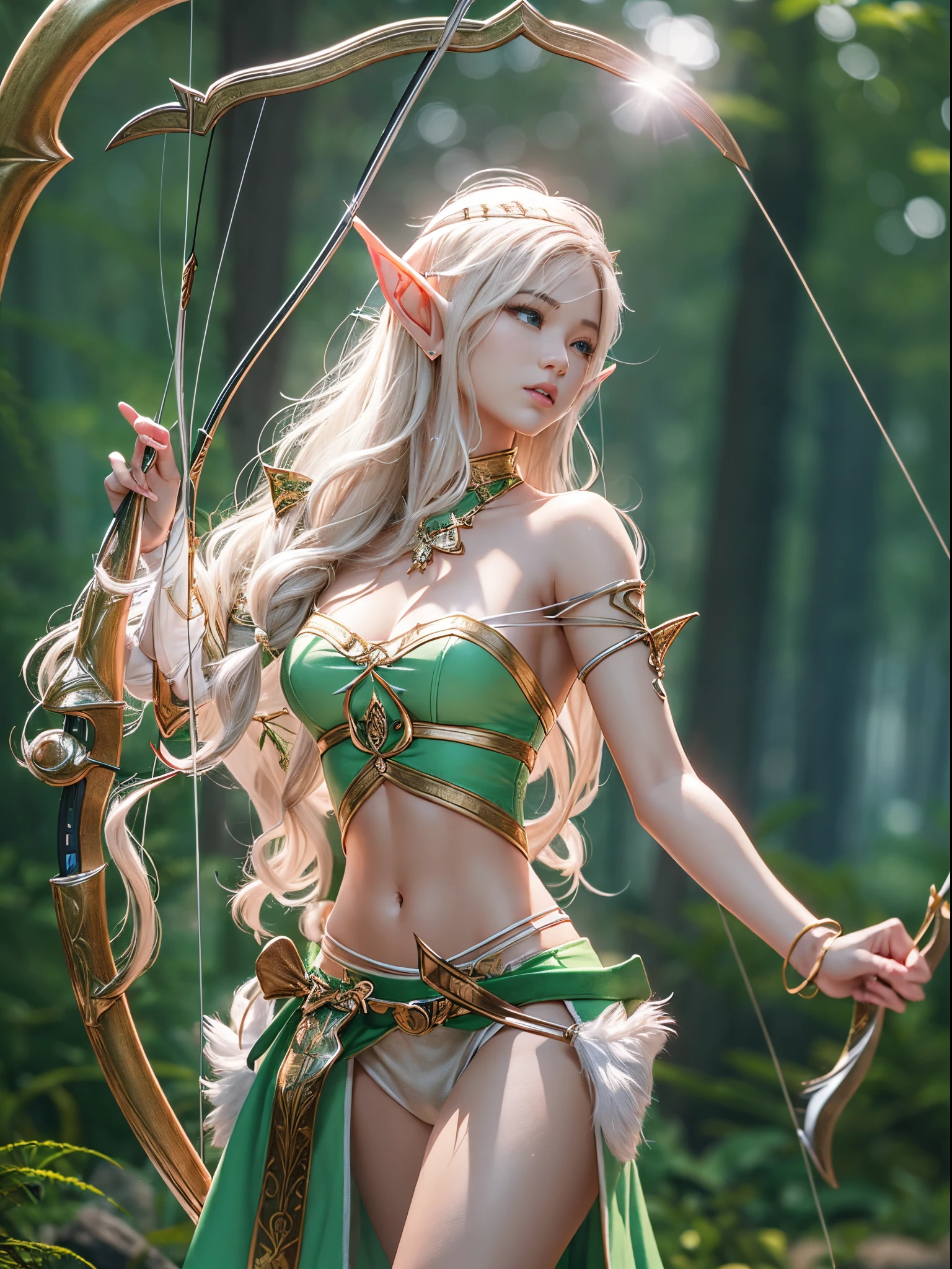 (((beautiful archer elf)))8K、Ultra-realistic details、An ultra-high picture quality、3d rendered、Holding a bow、Clothes with wide open chests、Supple waist curve、Slender body、a blond、Crystal clear white skin、Superwavy hair、Blur the background、Background in the forest、