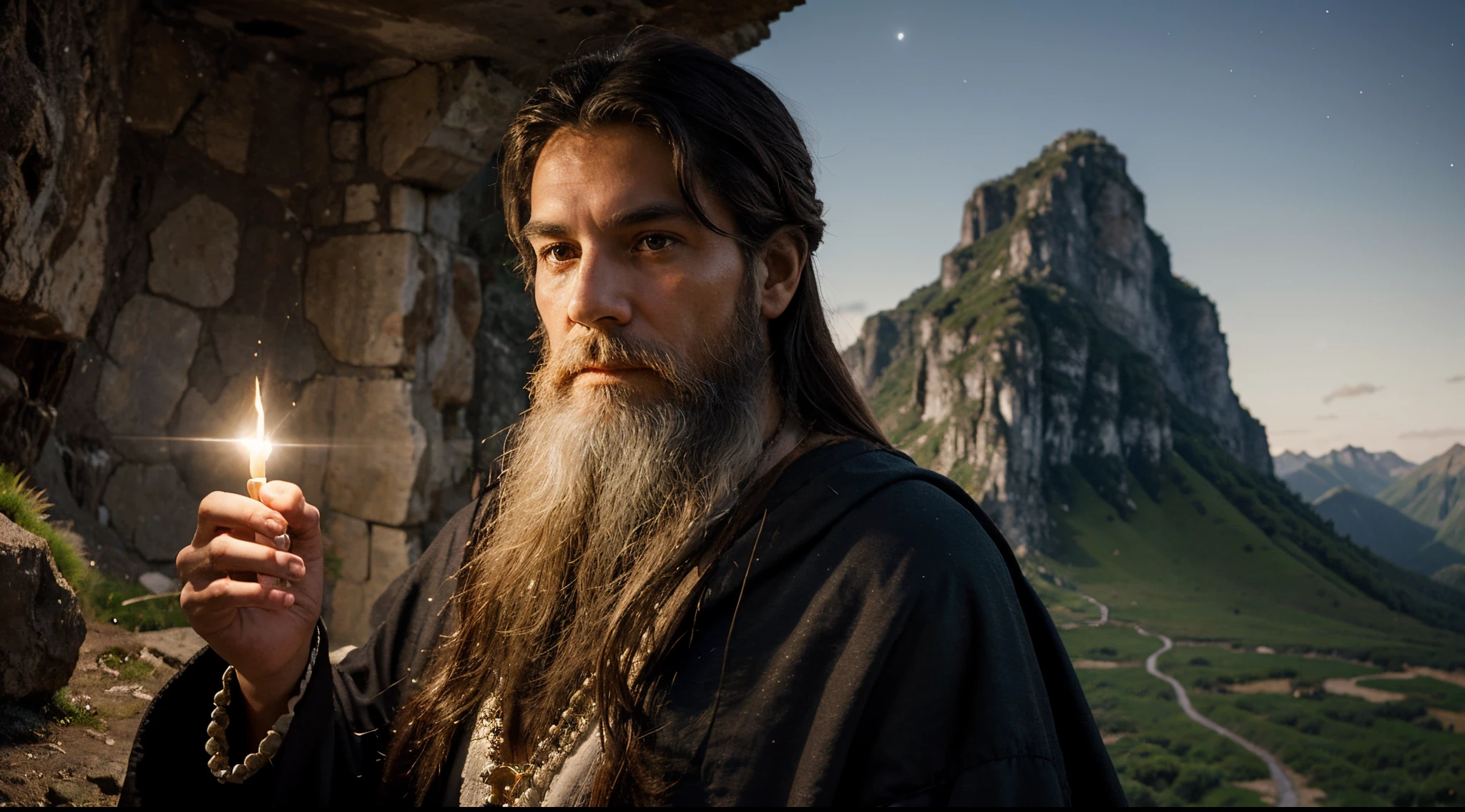 "Generate a striking digital image depicting a wise and powerful young hermit in a mountainous landscape. The hermit must have a long white beard, vestiduras simples pero llenas de detalles, and an aura of wisdom in his eyes. The background should include a hidden grotto among the mountains, iluminada por la luz suave de la luna y estrellas. Use a style that combines realism with touches of fantasy to highlight the mystical essence of the hermit."