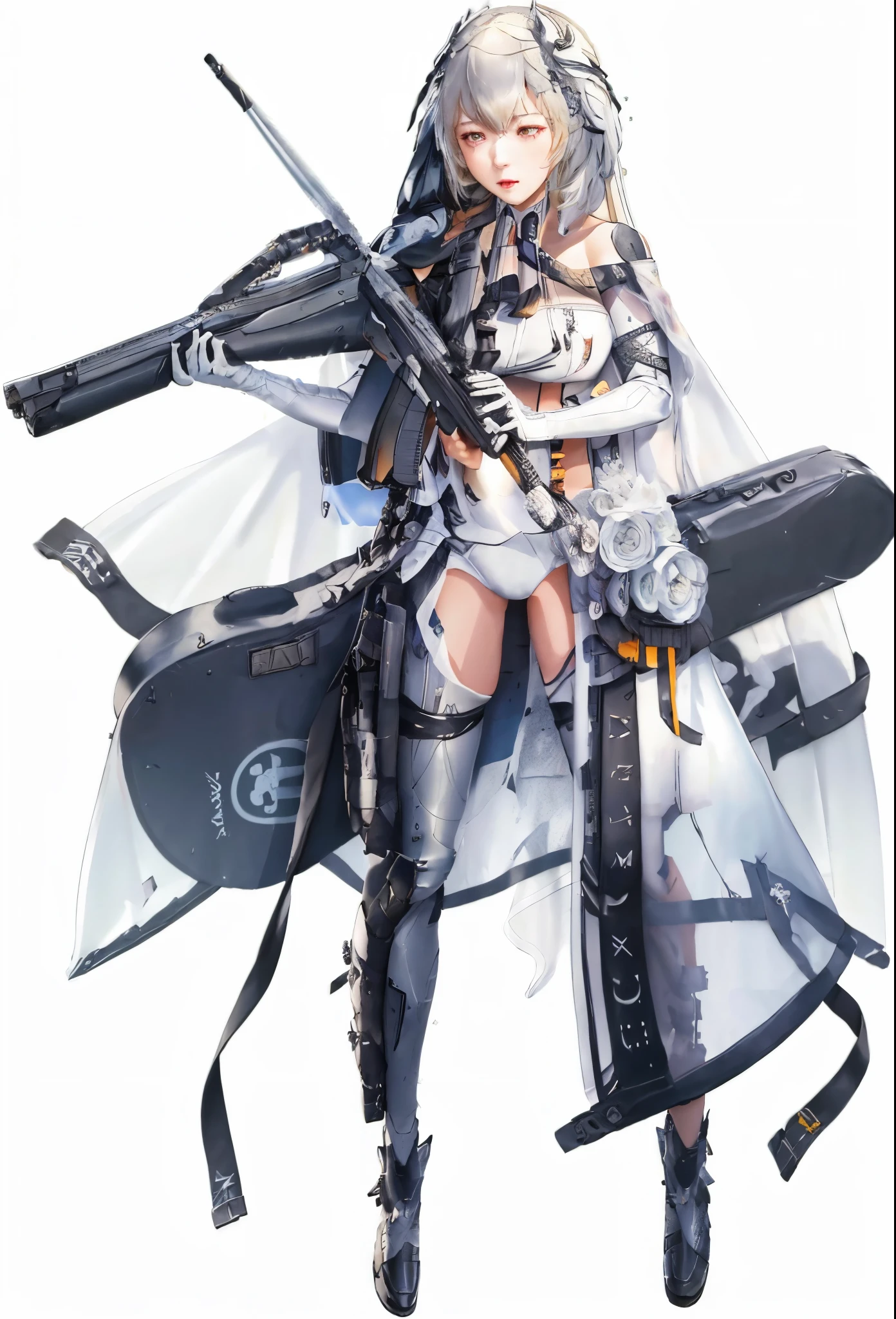 a woman in a white dress and black boots holding a gun, from girls frontline, fine details. girls frontline, from arknights, girls frontline style, from the azur lane videogame, azur lane style, girls frontline cg, girls frontline universe, m4 sopmod ii girls frontline, characters from azur lane, mechanized valkyrie girl, girls nikke