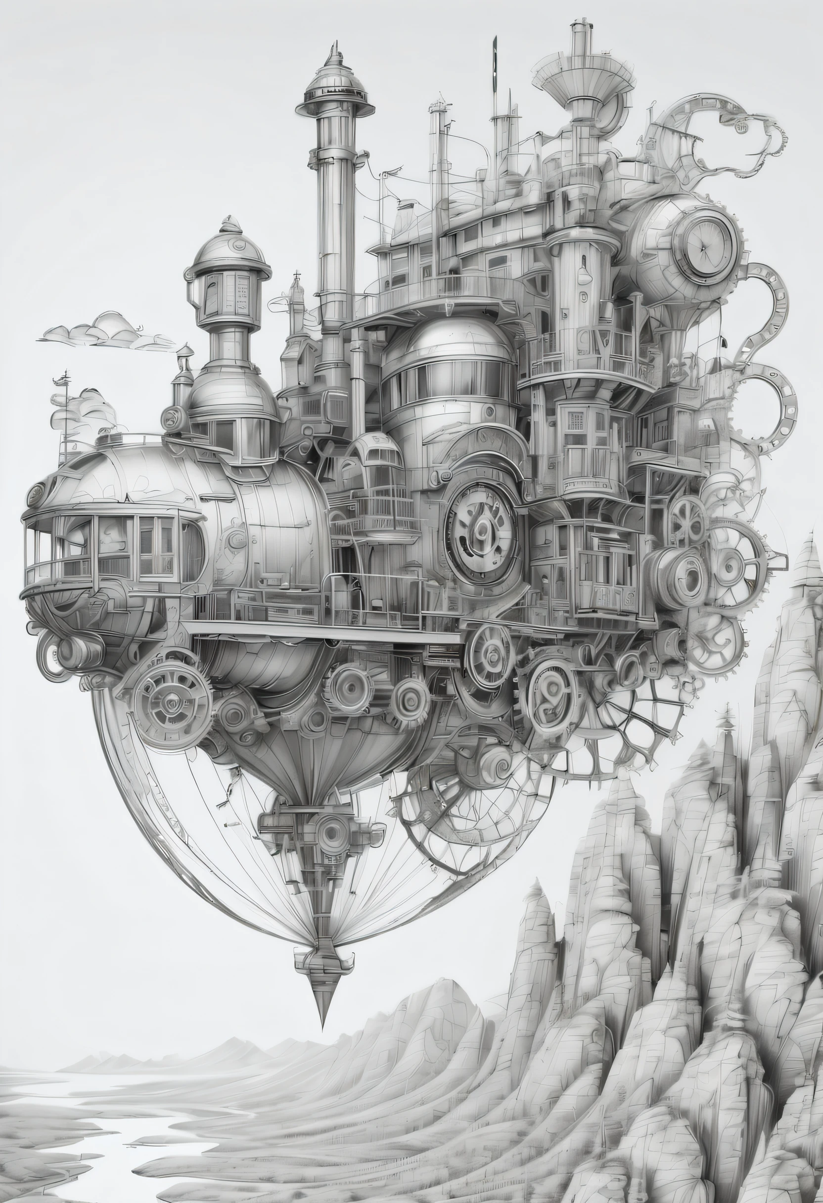 (((pencil continuous line drawing:1.2))), steampunk landscape, drawing is incredibly detailed, intricate details meticulously,