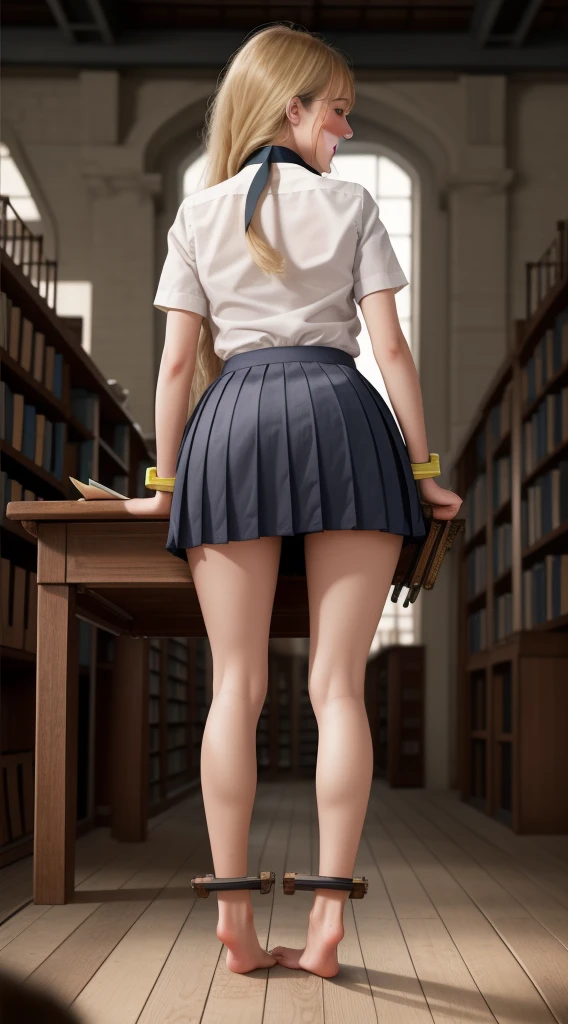 full body, barefoot, masterpiece, a beautiful schoolgirl, long blonde hair, (fantasy library background), erotic photoshoot, bent over a desk, from behind, schoolgirl uniform, shackles on legs, cow bell on choker, happy face, looking to the viewer, big open eyes, blush